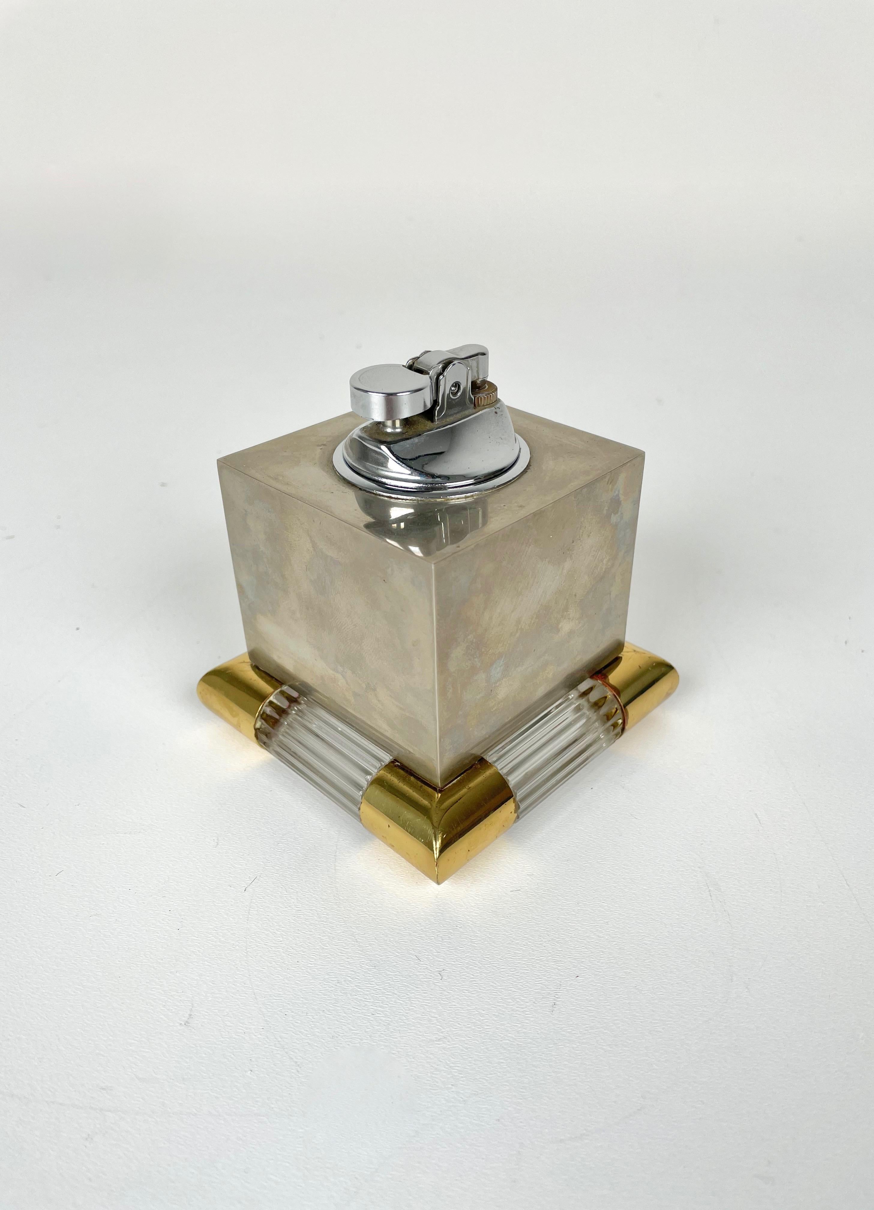 Tommaso Barbi Table Lighter in Brass, Murano Glass and Steel, Italy, 1970s In Good Condition In Rome, IT