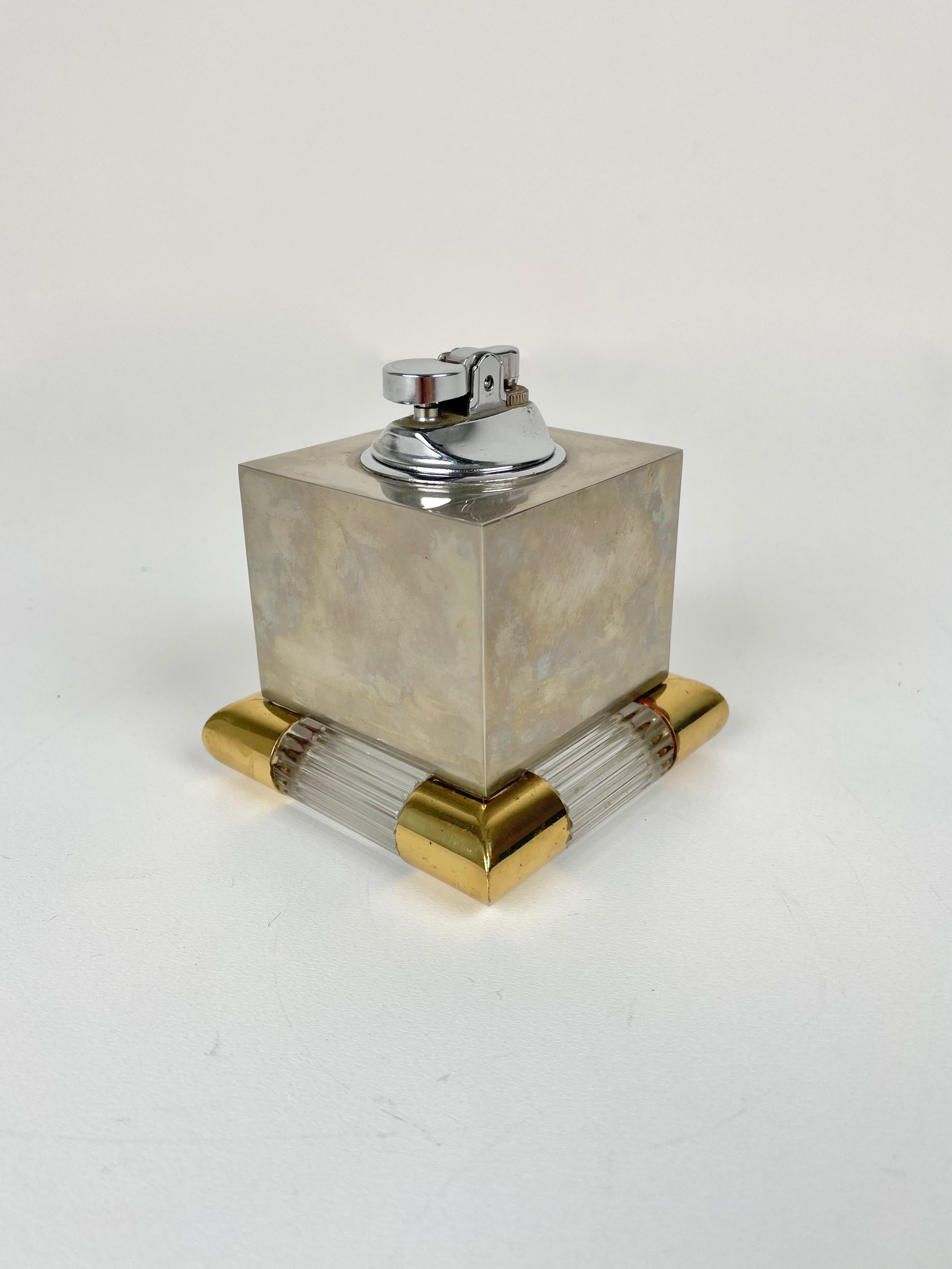 Late 20th Century Tommaso Barbi Table Lighter in Brass, Murano Glass and Steel, Italy, 1970s