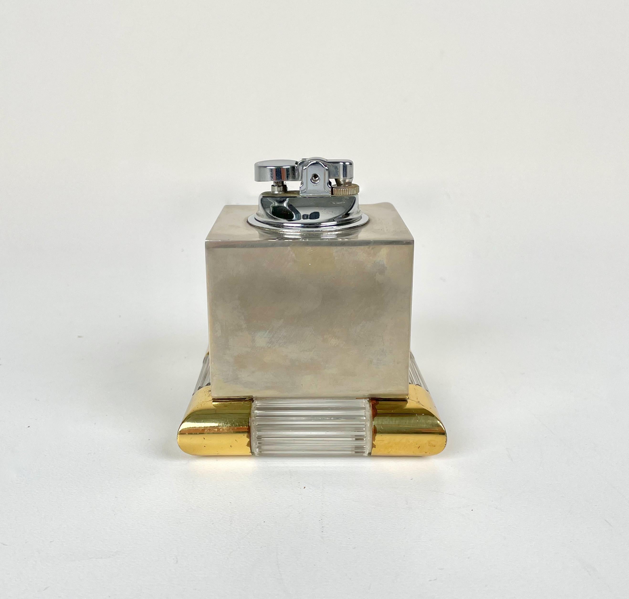 Metal Tommaso Barbi Table Lighter in Brass, Murano Glass and Steel, Italy, 1970s