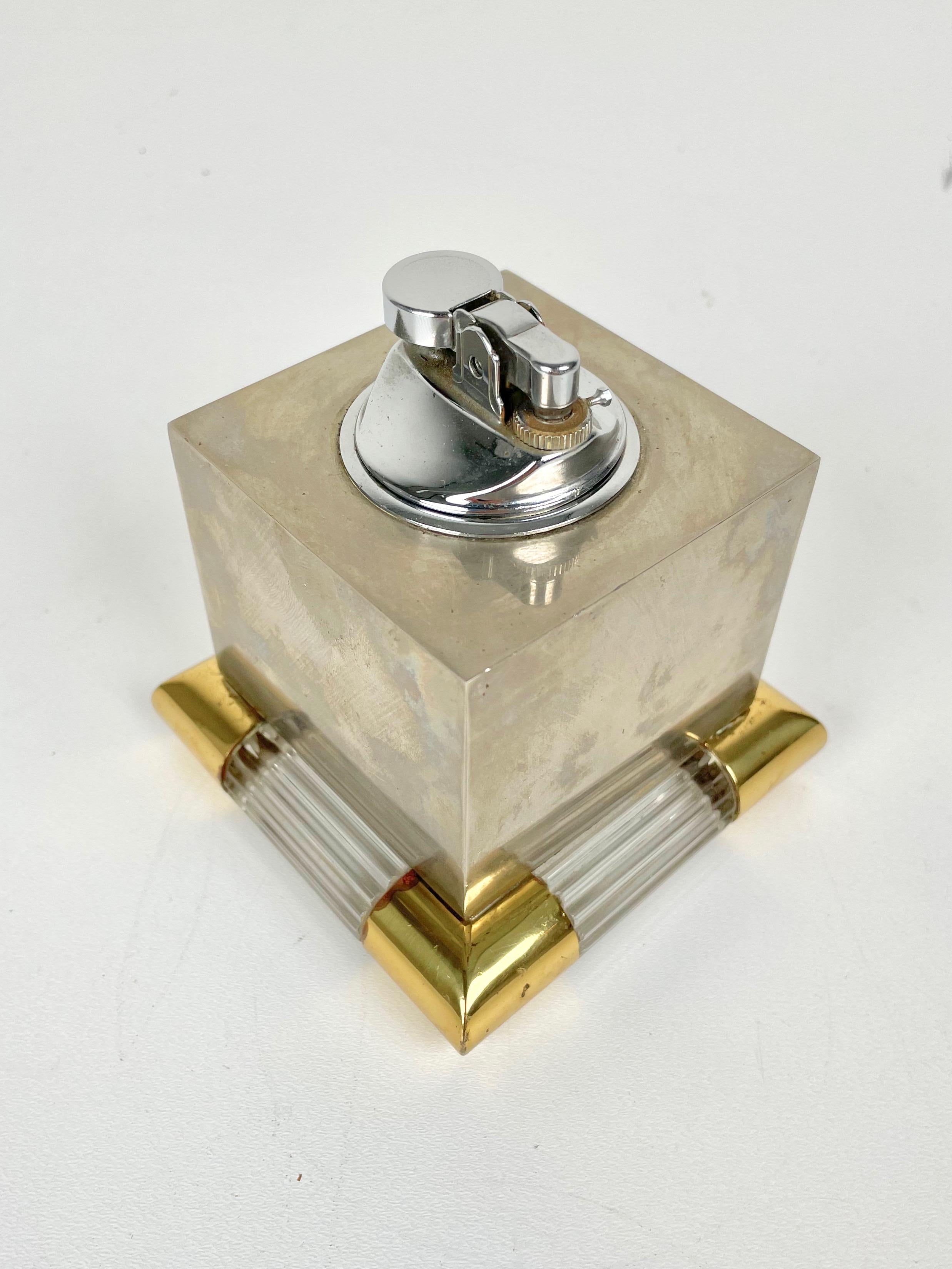 Tommaso Barbi Table Lighter in Brass, Murano Glass and Steel, Italy, 1970s 1