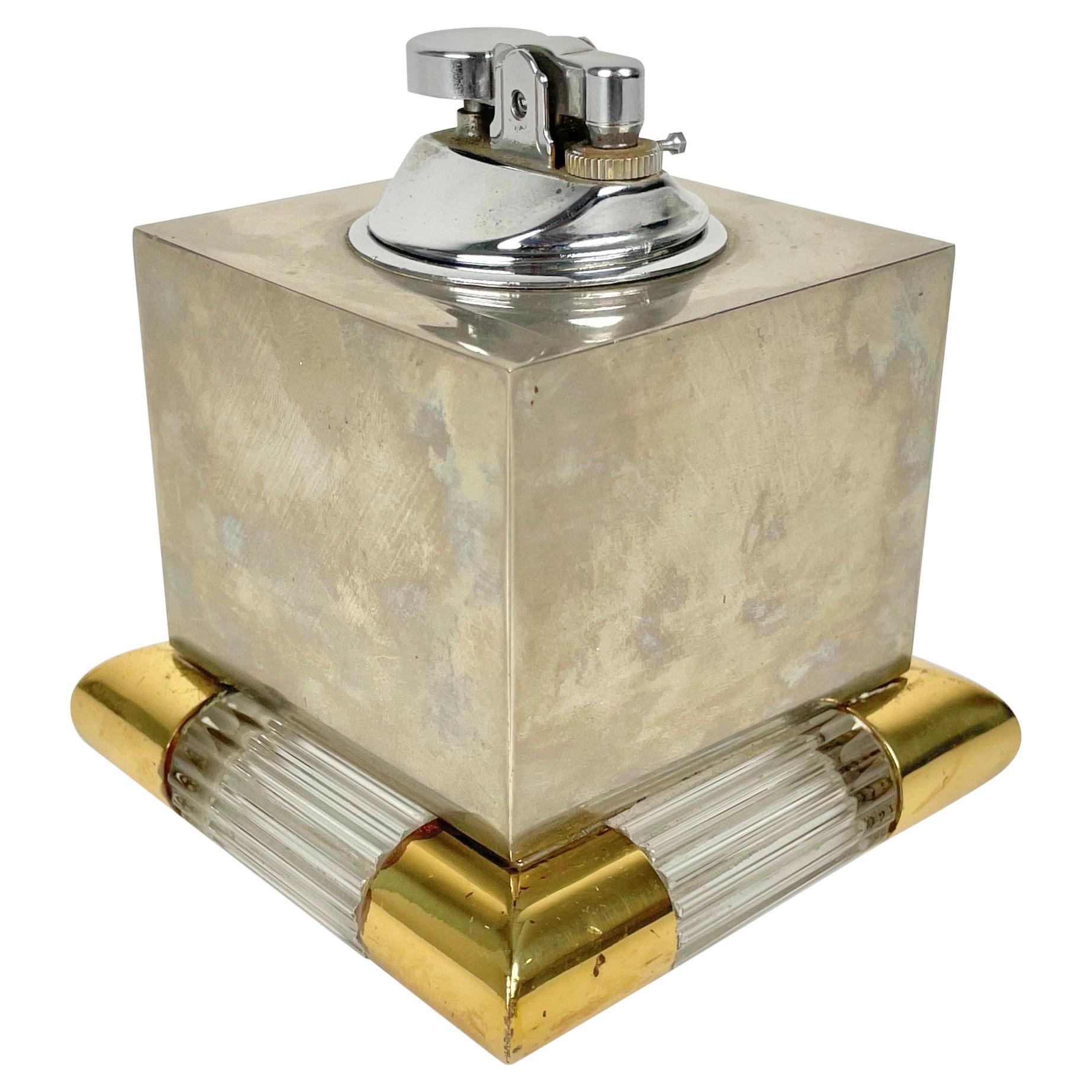 Tommaso Barbi Table Lighter in Brass, Murano Glass and Steel, Italy, 1970s