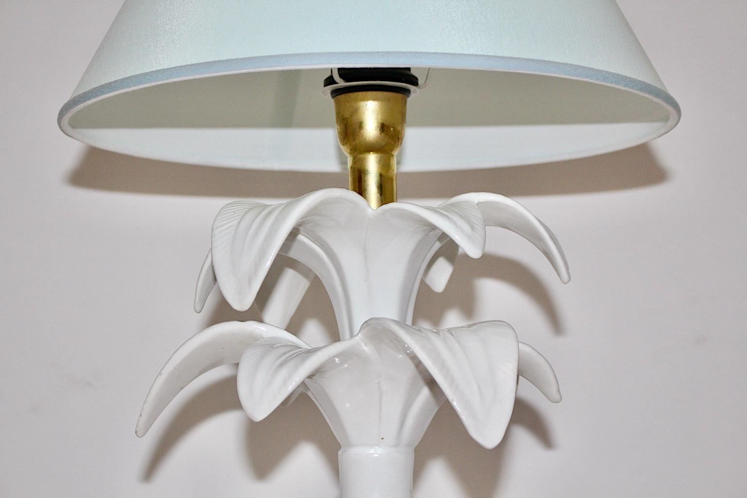 Tommaso Barbi Vintage White Ceramic Brass Palm Tree Table Lamp 1970s Italy For Sale 2