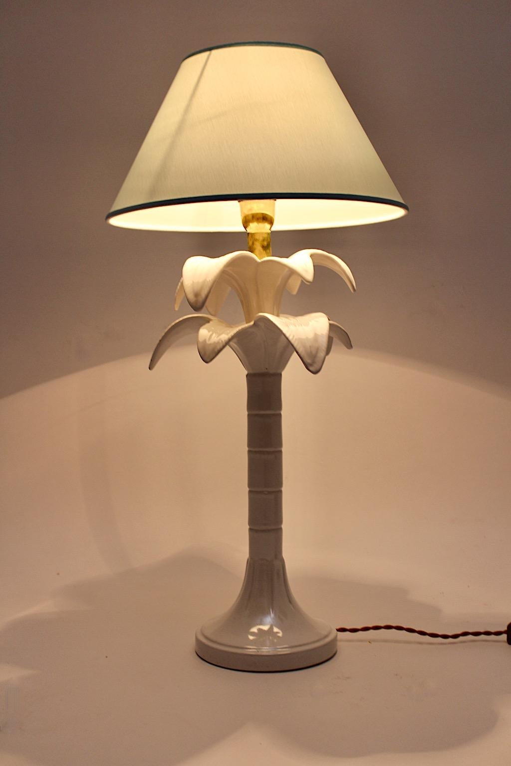 Tommaso Barbi Vintage White Ceramic Brass Palm Tree Table Lamp 1970s Italy For Sale 3