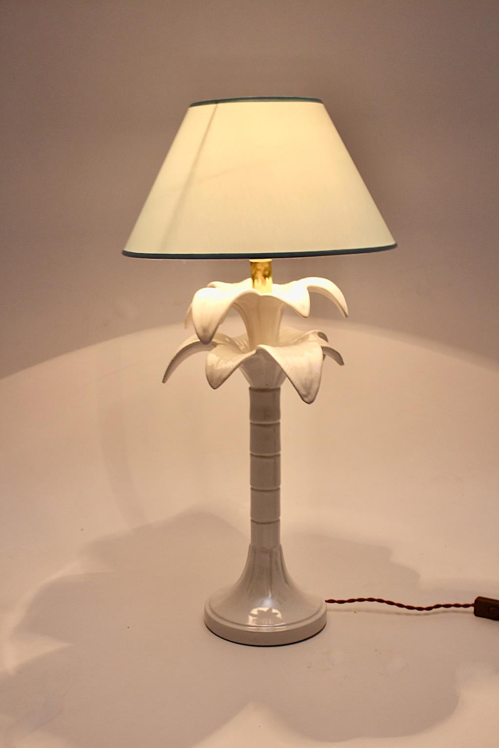 Tommaso Barbi Vintage White Ceramic Brass Palm Tree Table Lamp 1970s Italy For Sale 4