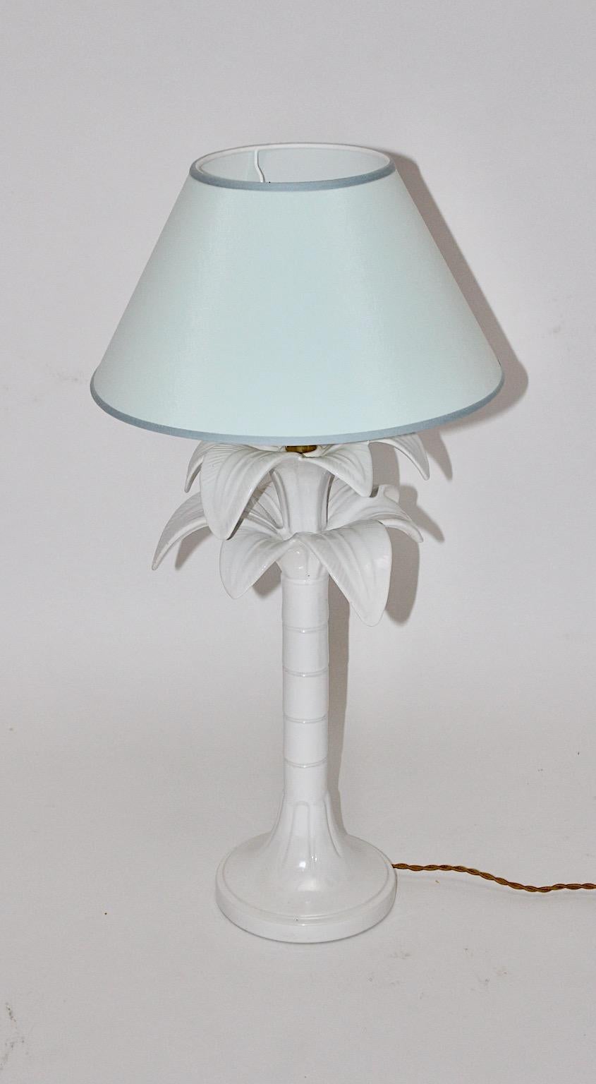 Tommaso Barbi Vintage White Ceramic Brass Palm Tree Table Lamp 1970s Italy For Sale 5