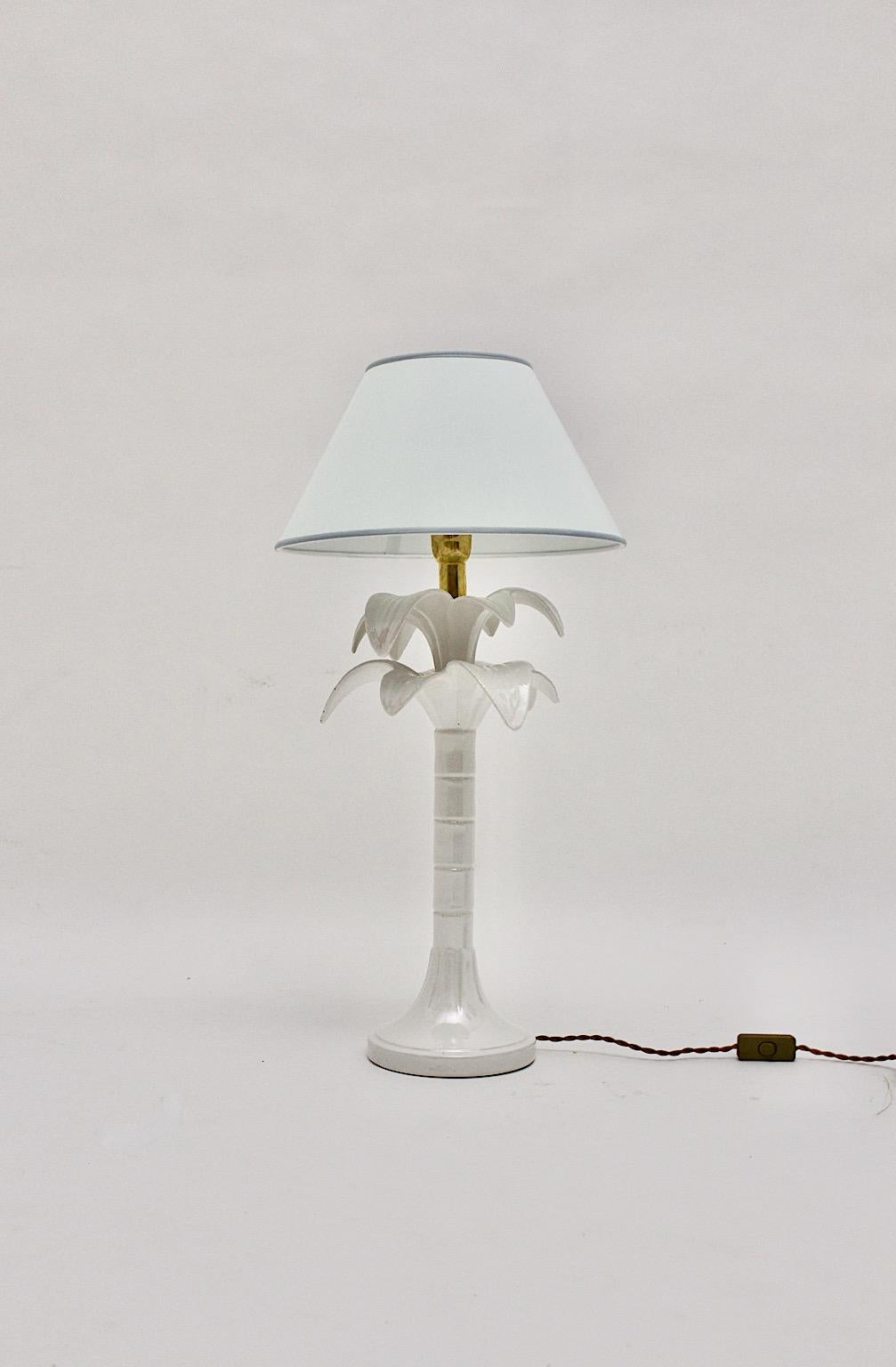 Tommaso Barbi Vintage White Ceramic Brass Palm Tree Table Lamp 1970s Italy For Sale 8