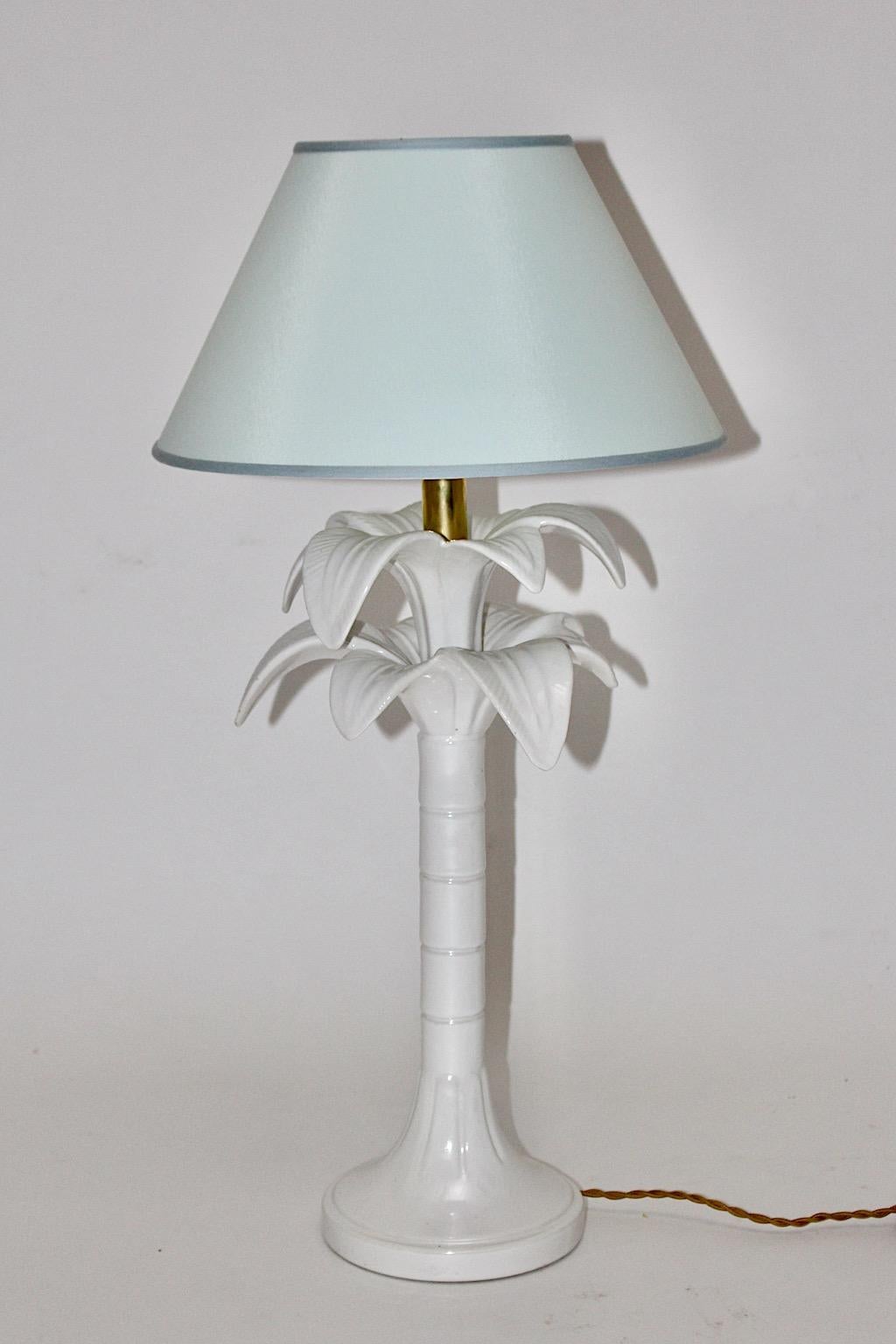Mid-Century Modern Tommaso Barbi Vintage White Ceramic Brass Palm Tree Table Lamp 1970s Italy For Sale