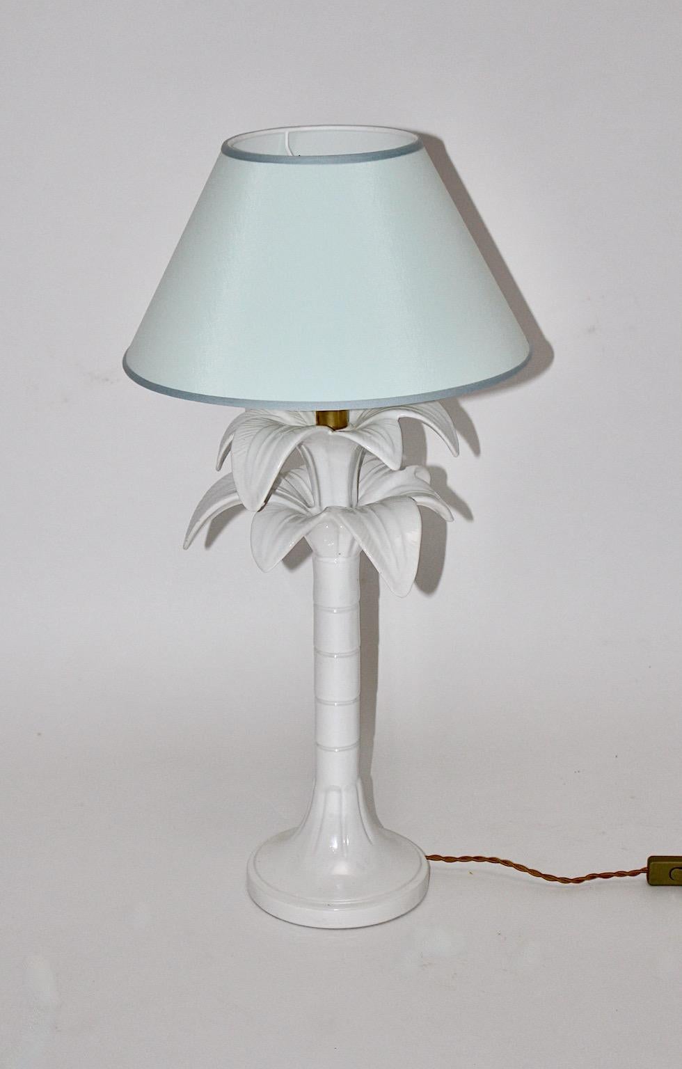 Italian Tommaso Barbi Vintage White Ceramic Brass Palm Tree Table Lamp 1970s Italy For Sale