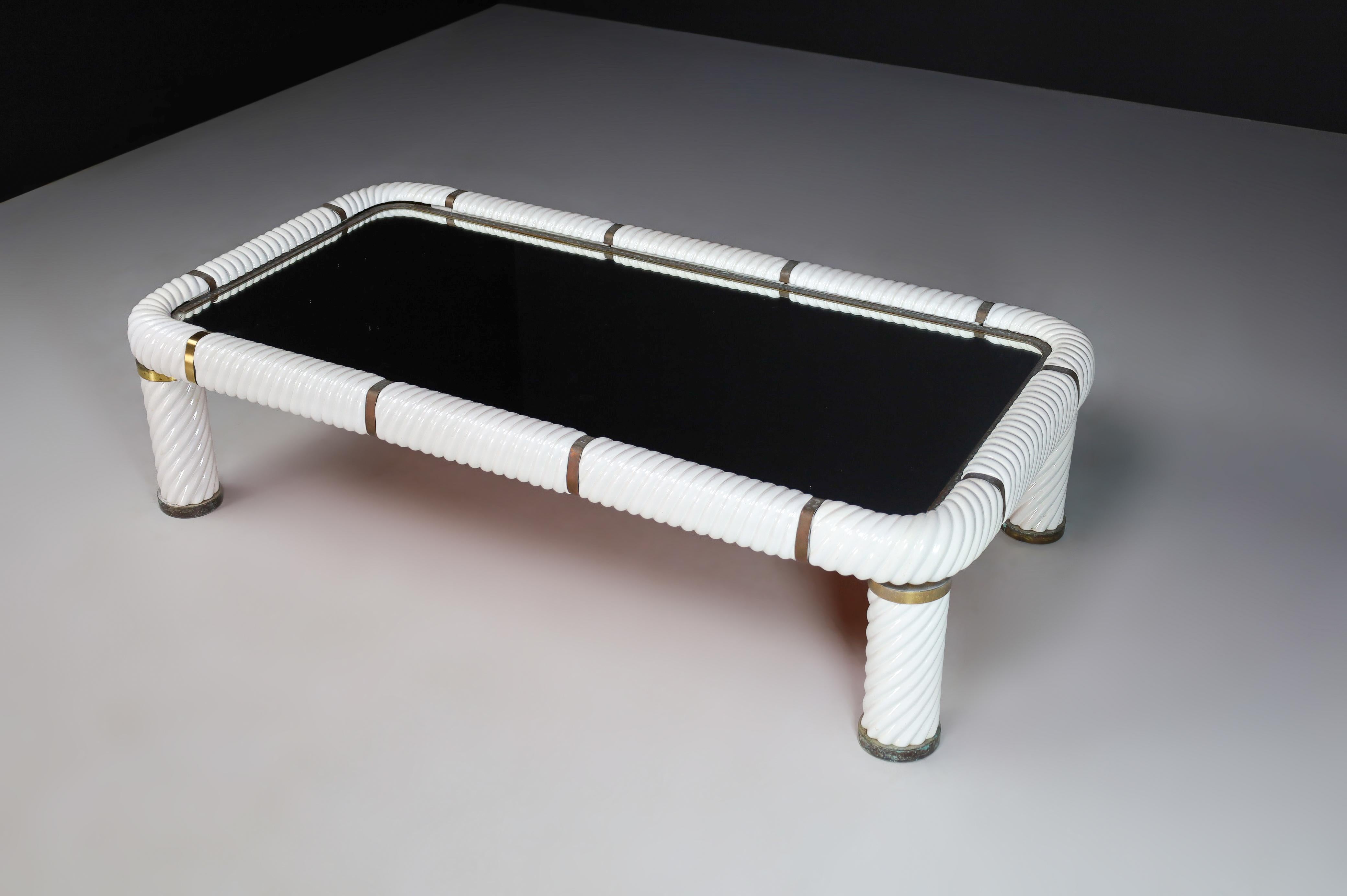 Tommaso Barbi White Ceramic and Brass Coffee or Cocktail Table, Italy, 1970s  4