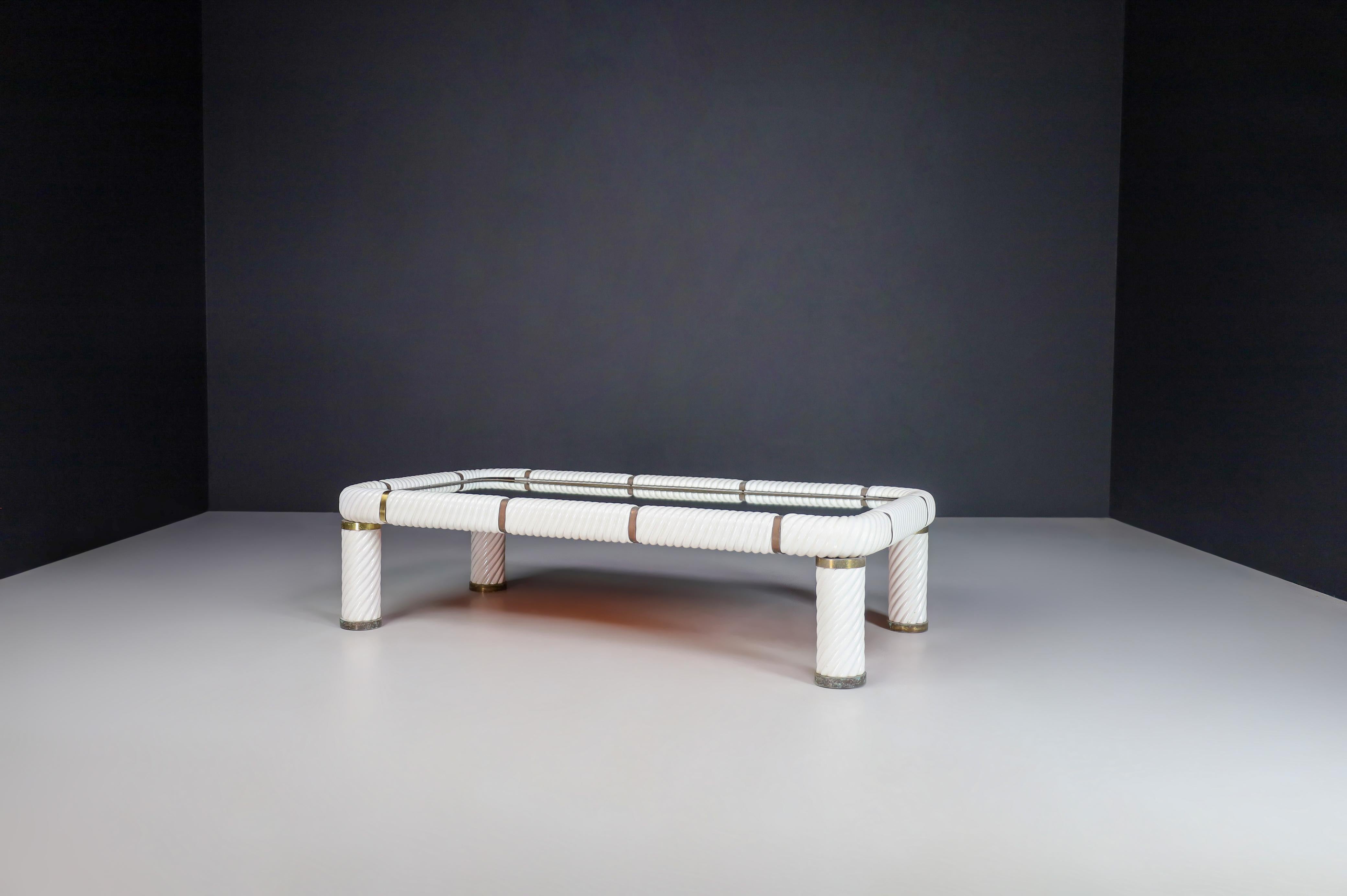 Tommaso Barbi White Ceramic and Brass Coffee or Cocktail Table, Italy, 1970s  6
