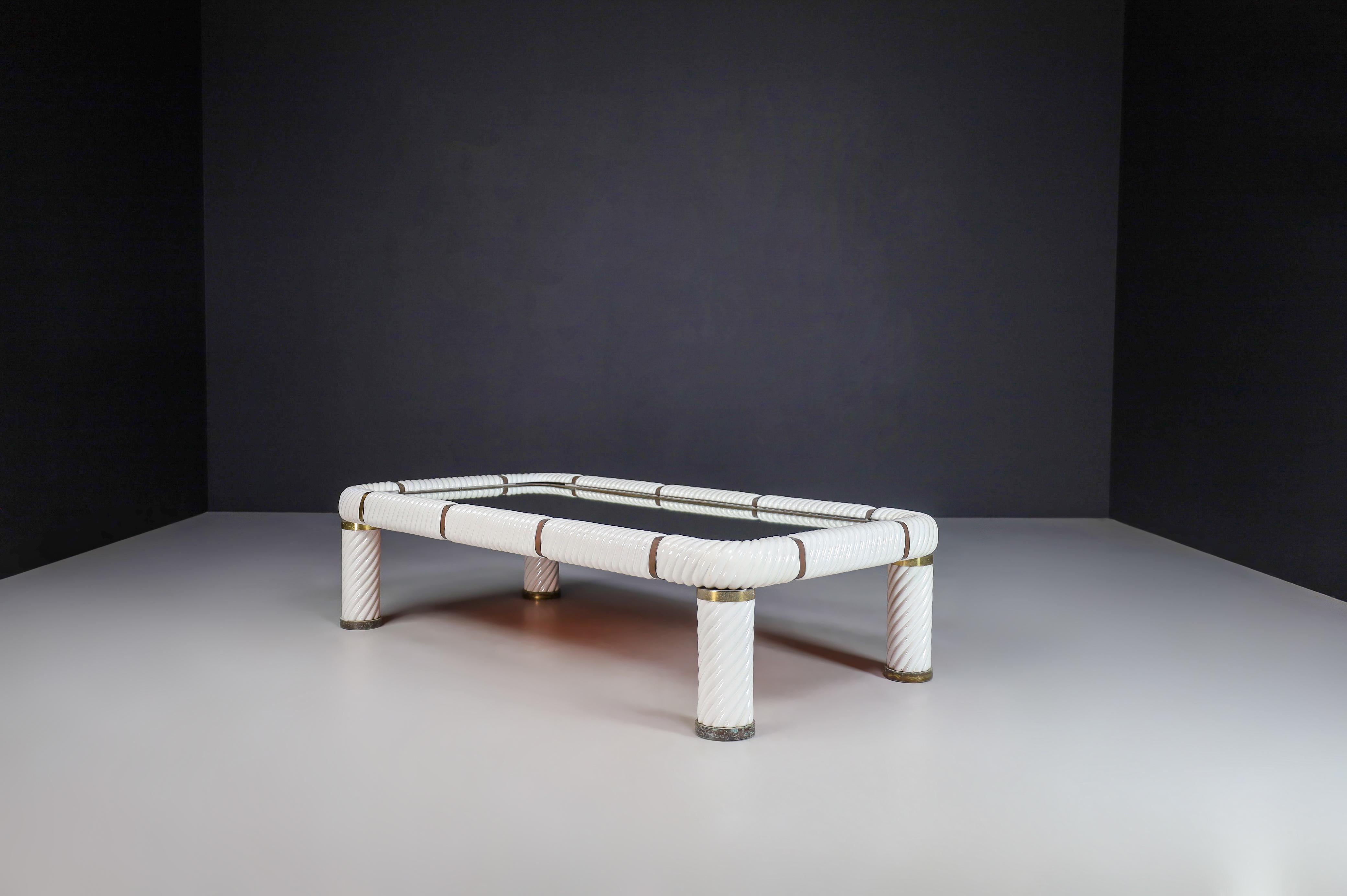 Tommaso Barbi White Ceramic and Brass Coffee or Cocktail Table, Italy, 1970s  7