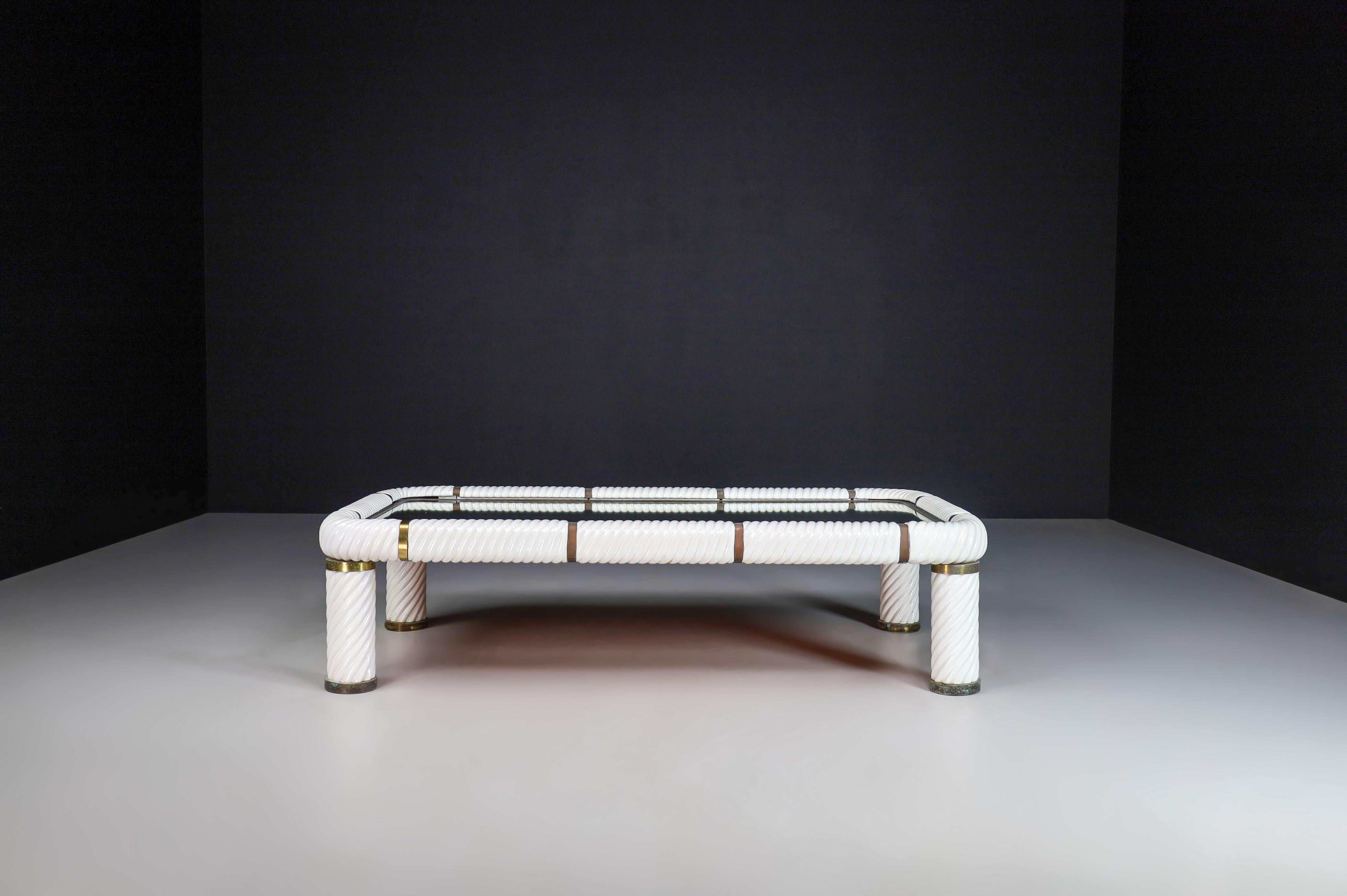 Mid-Century Modern Tommaso Barbi White Ceramic and Brass Coffee or Cocktail Table, Italy, 1970s 