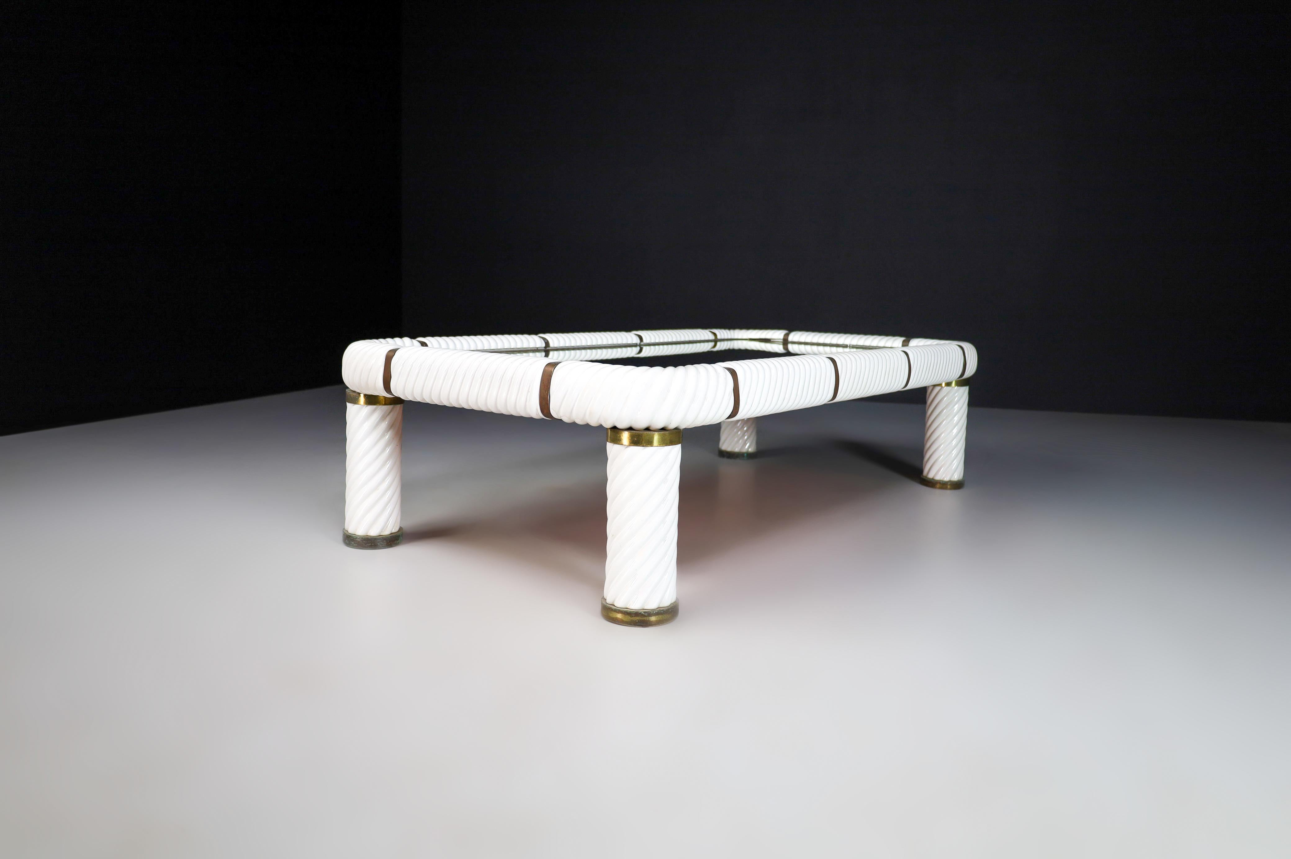 Italian Tommaso Barbi White Ceramic and Brass Coffee or Cocktail Table, Italy, 1970s 