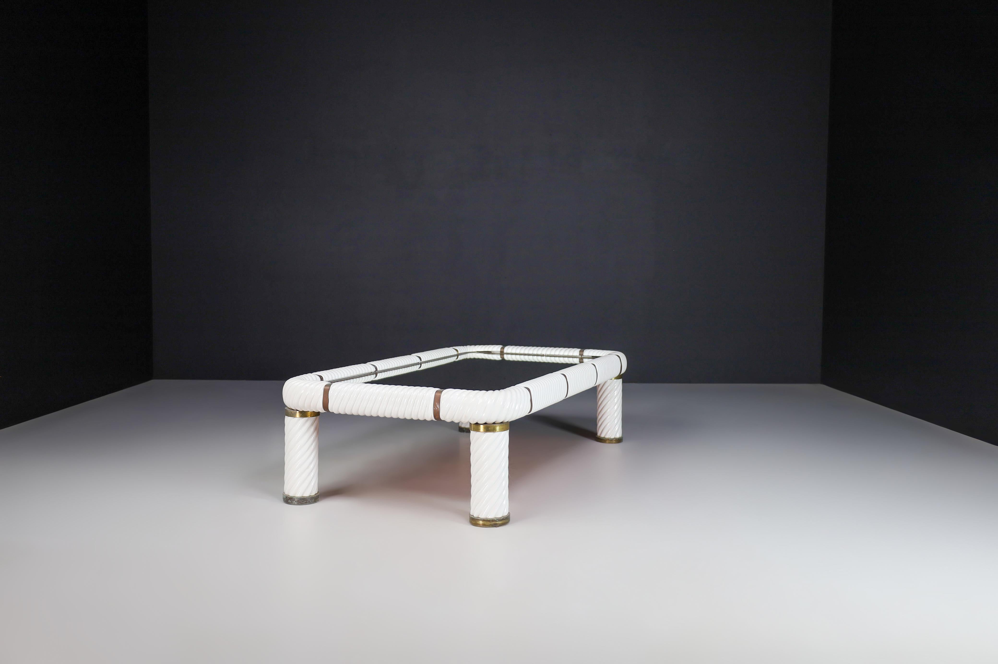 Tommaso Barbi White Ceramic and Brass Coffee or Cocktail Table, Italy, 1970s  1