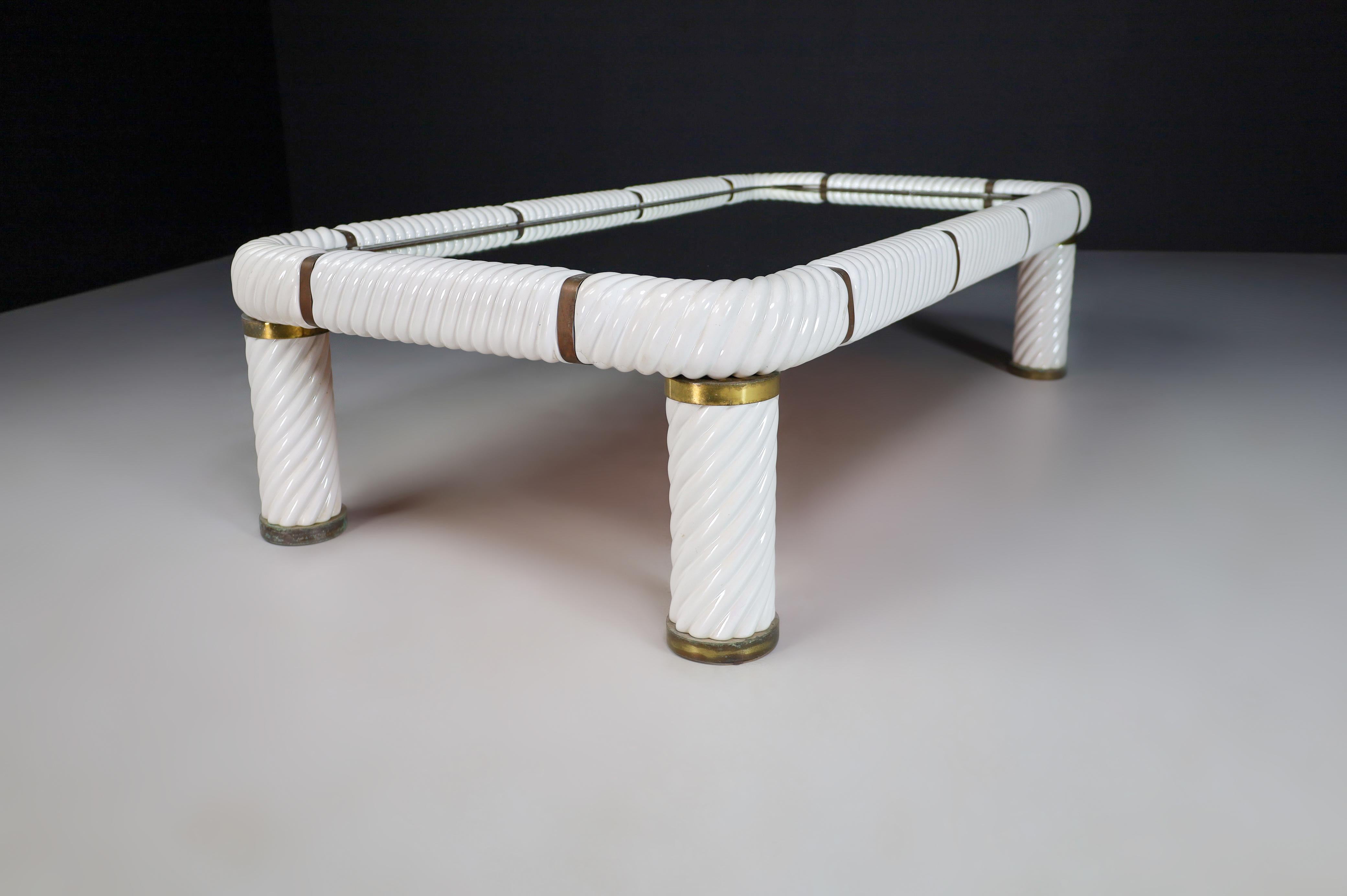Tommaso Barbi White Ceramic and Brass Coffee or Cocktail Table, Italy, 1970s  2