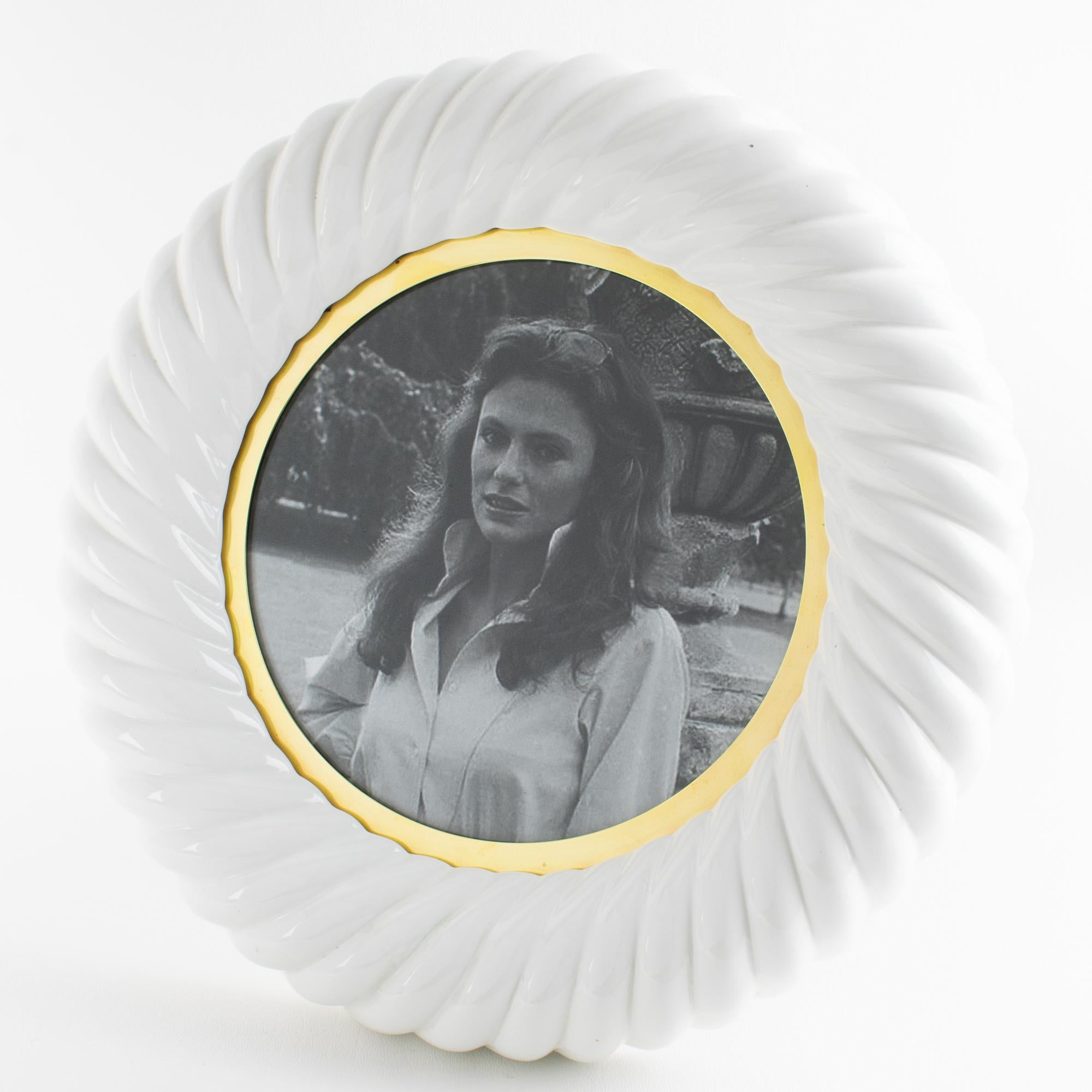Modern Tommaso Barbi White Ceramic and Gilded Brass Picture Frame, circa 1970 For Sale