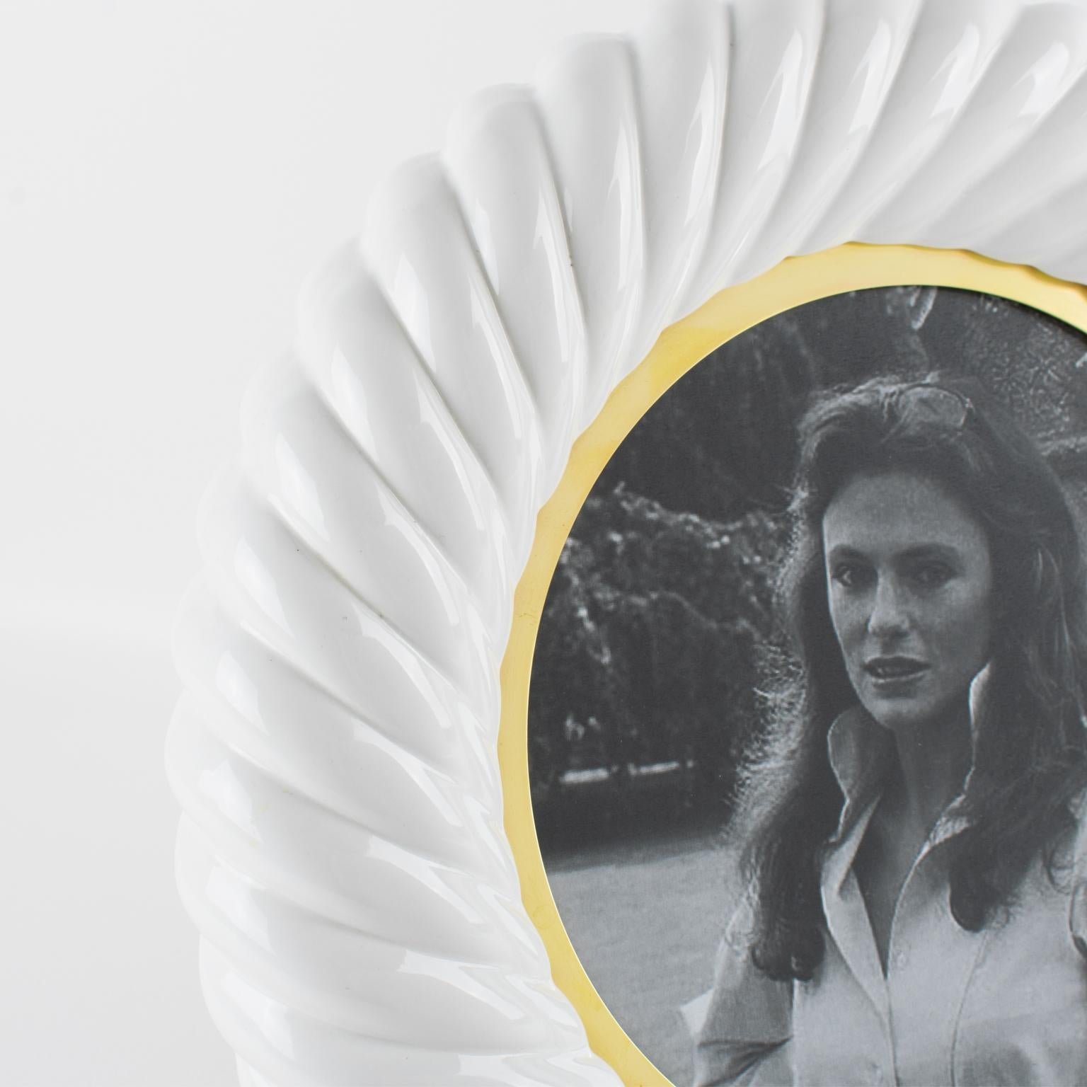Late 20th Century Tommaso Barbi White Ceramic and Gilded Brass Picture Frame, circa 1970 For Sale