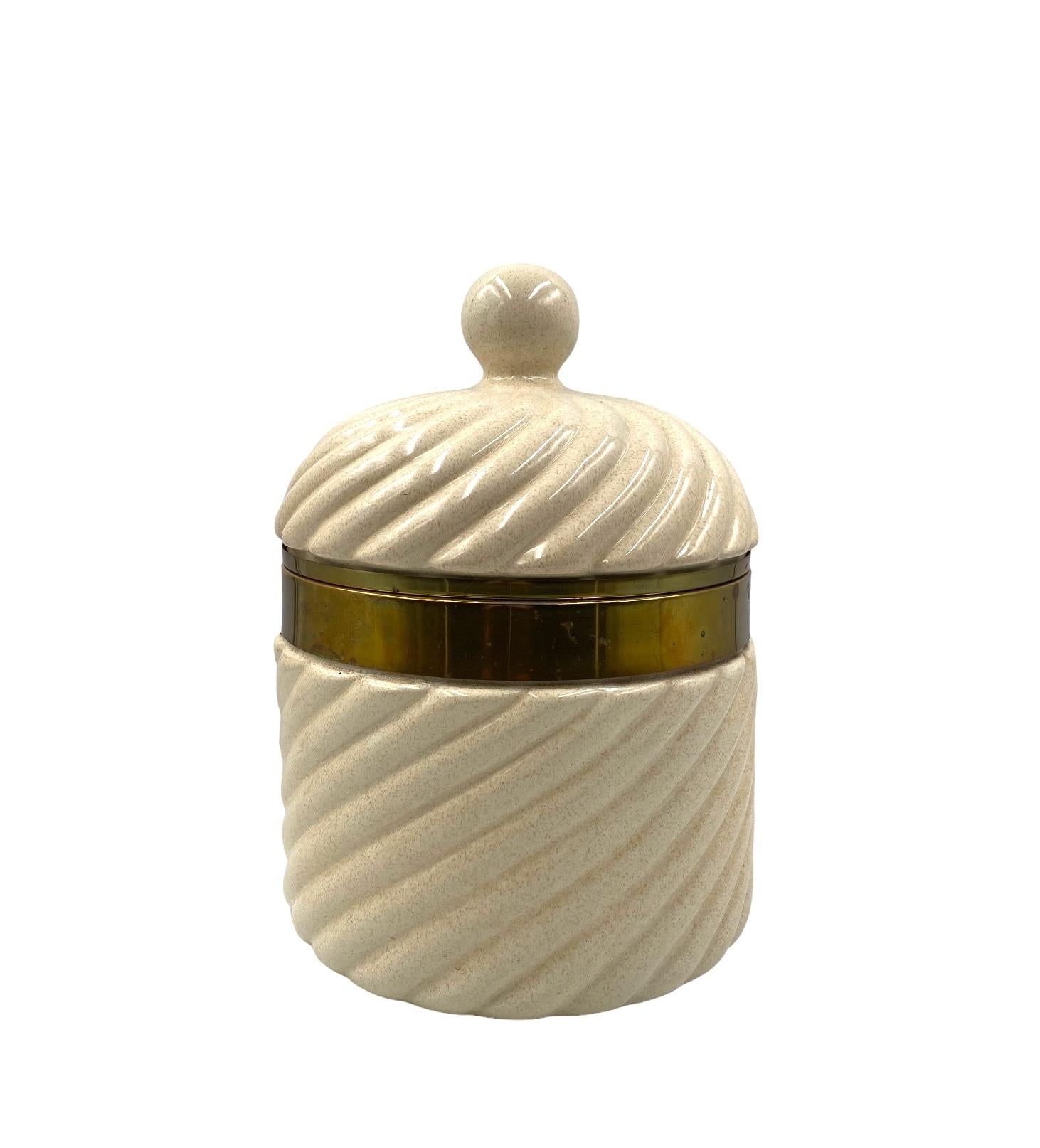 Brass Tommaso Barbi, White Ice Bucket / jar, B Ceramiche Italy, ca. 1970