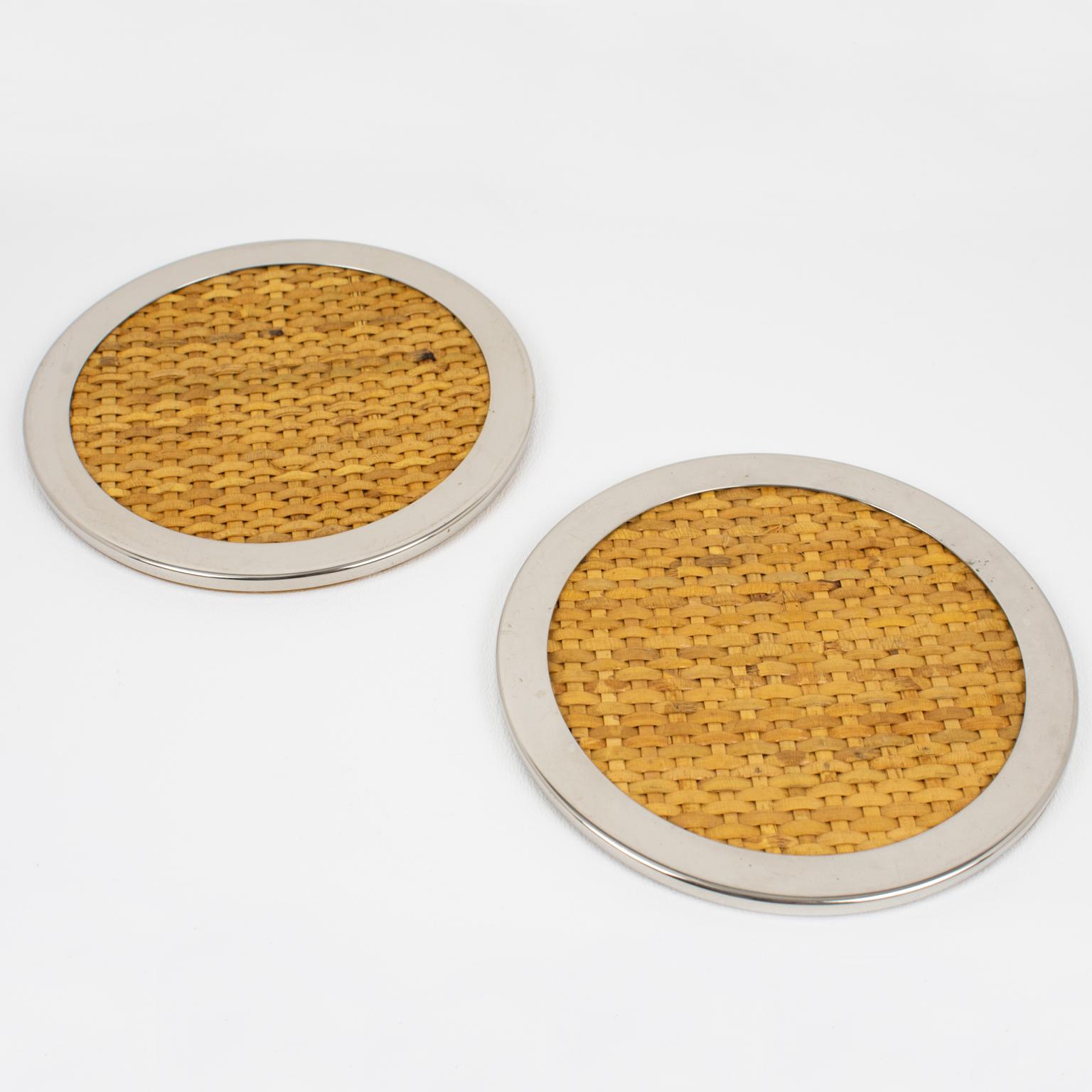 Mid-Century Modern Tommaso Barbi Wicker and Chrome Coasters, 1970s For Sale