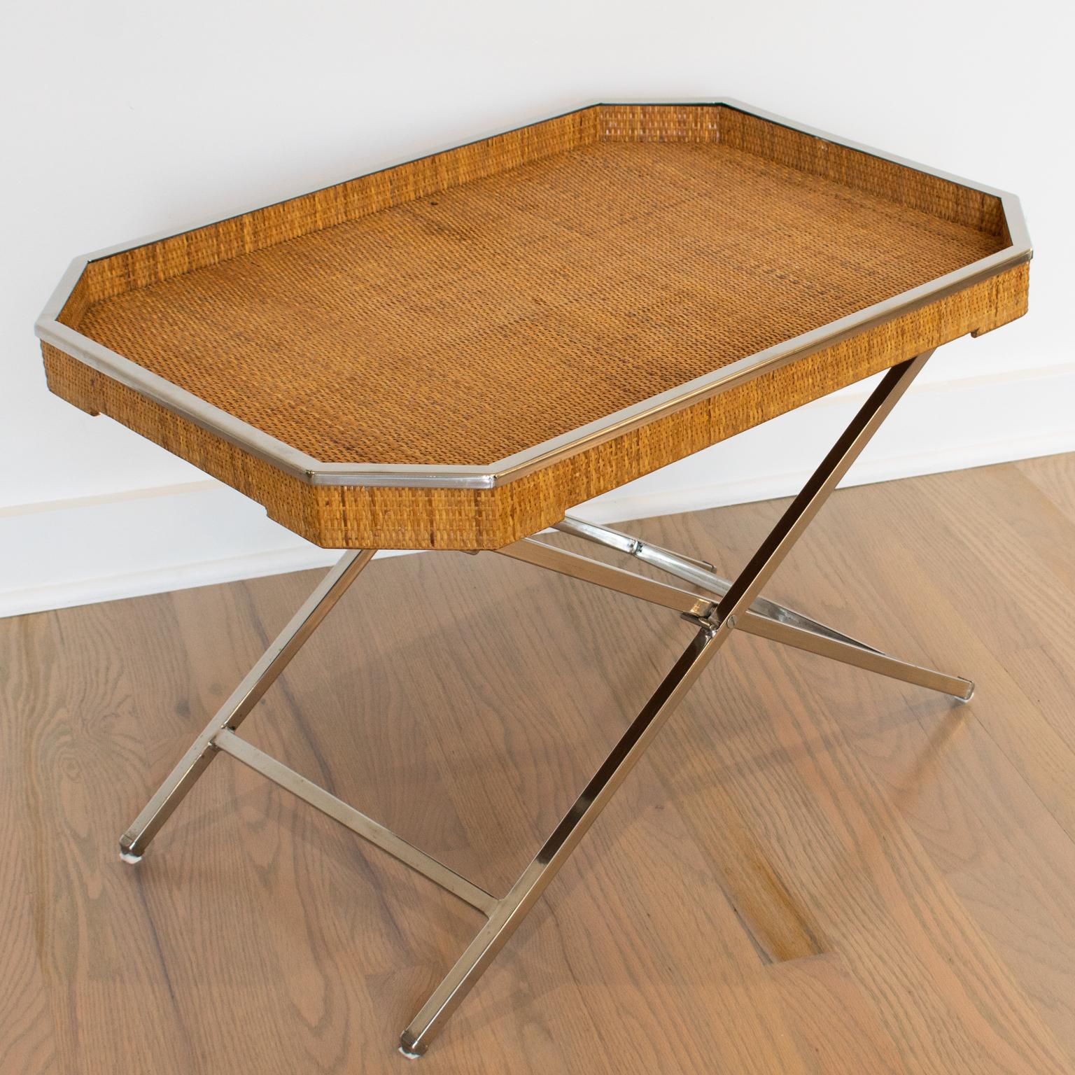 Tommaso Barbi Wicker and Chrome Folding Table Barware Tray, 1970s For Sale 13