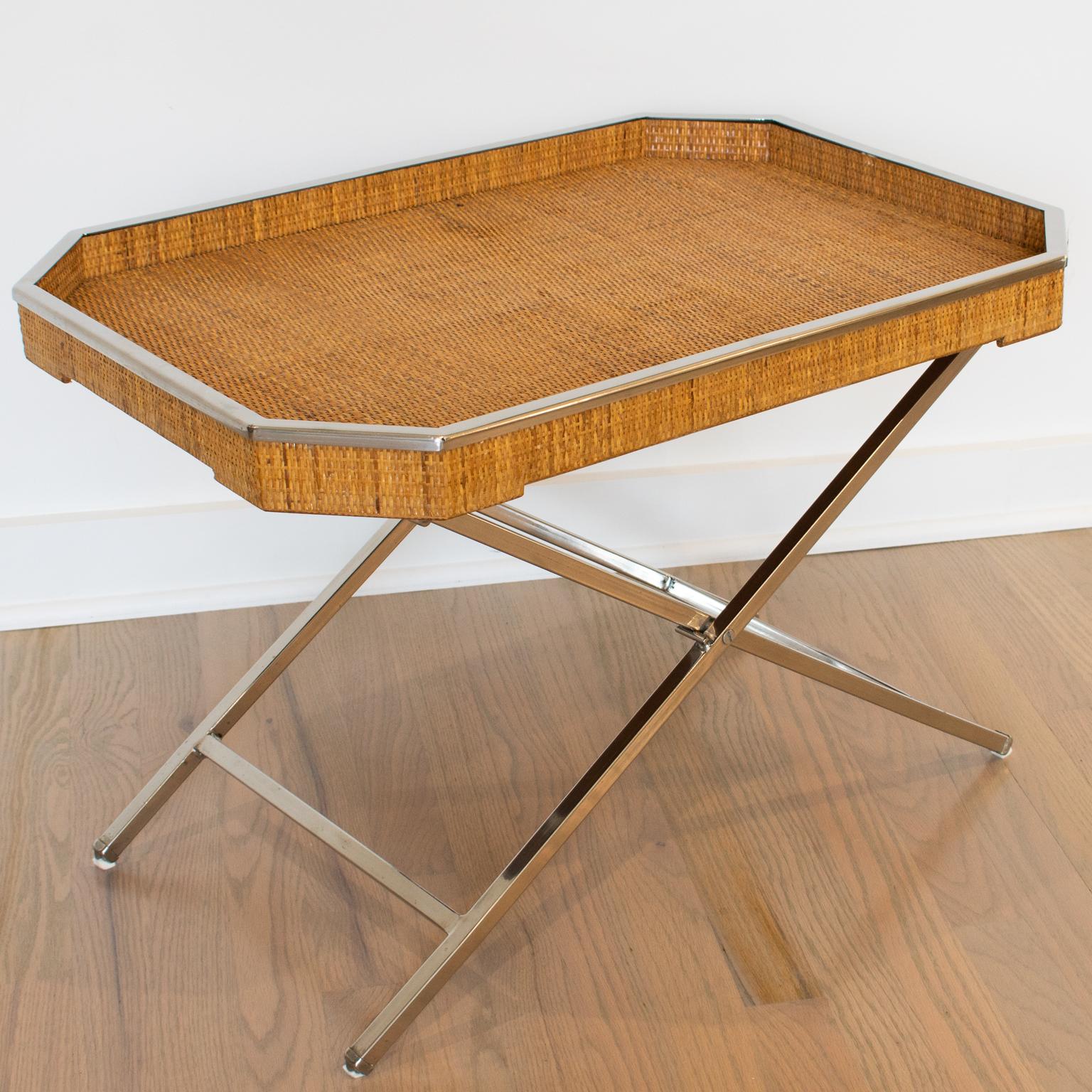Late 20th Century Tommaso Barbi Wicker and Chrome Folding Table Barware Tray, 1970s For Sale
