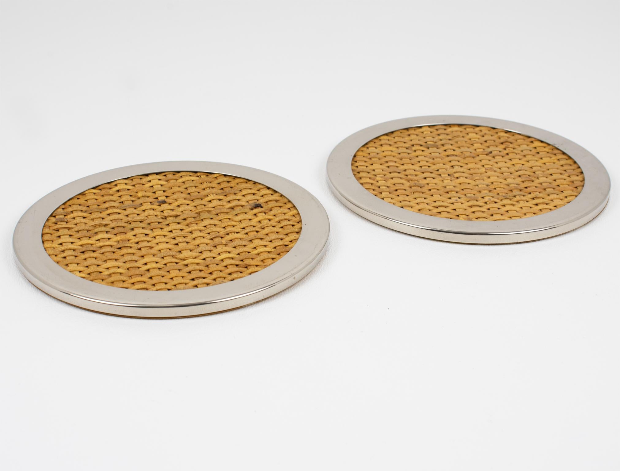 Mid-Century Modern Tommaso Barbi Wicker and Chrome Set of Two Coasters, 1970s For Sale