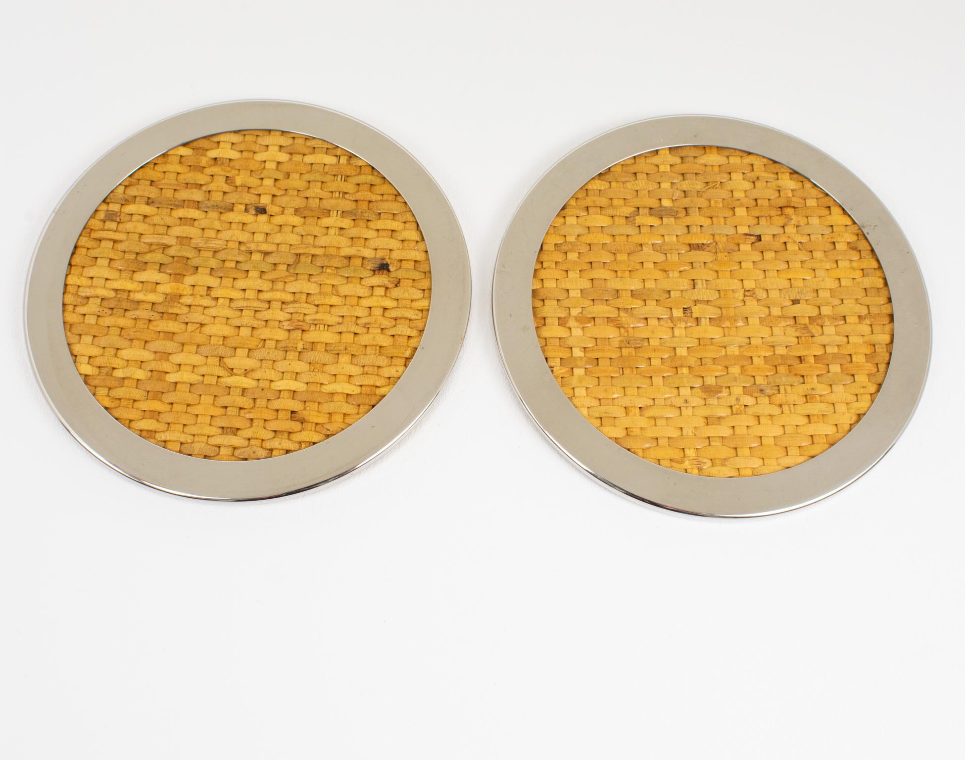 Italian Tommaso Barbi Wicker and Chrome Set of Two Coasters, 1970s For Sale