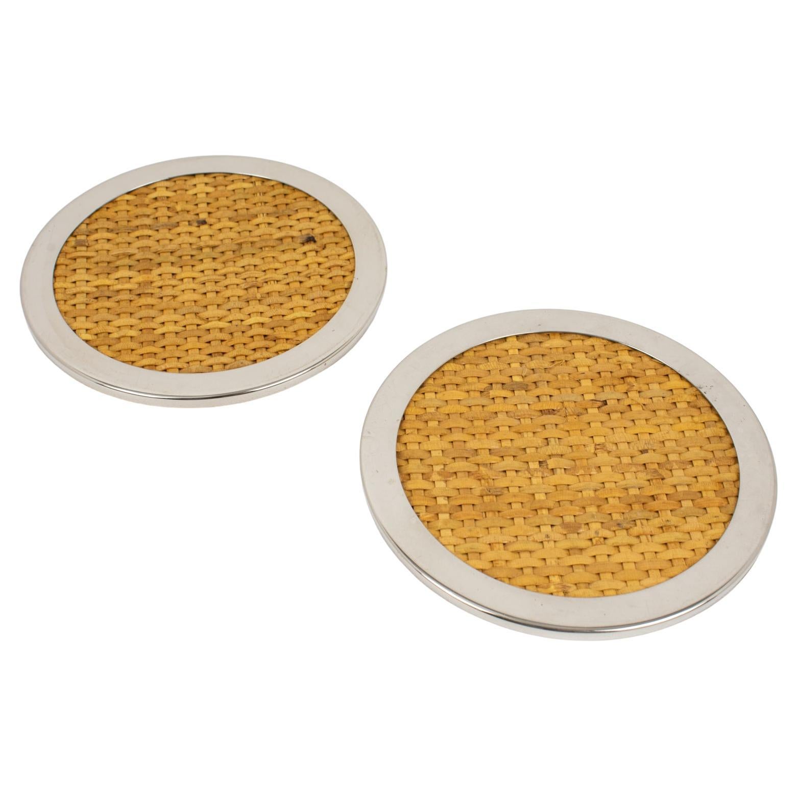 Tommaso Barbi Wicker and Chrome Set of Two Coasters, 1970s