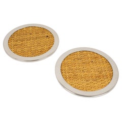 Vintage Tommaso Barbi Wicker and Chrome Set of Two Coasters, 1970s