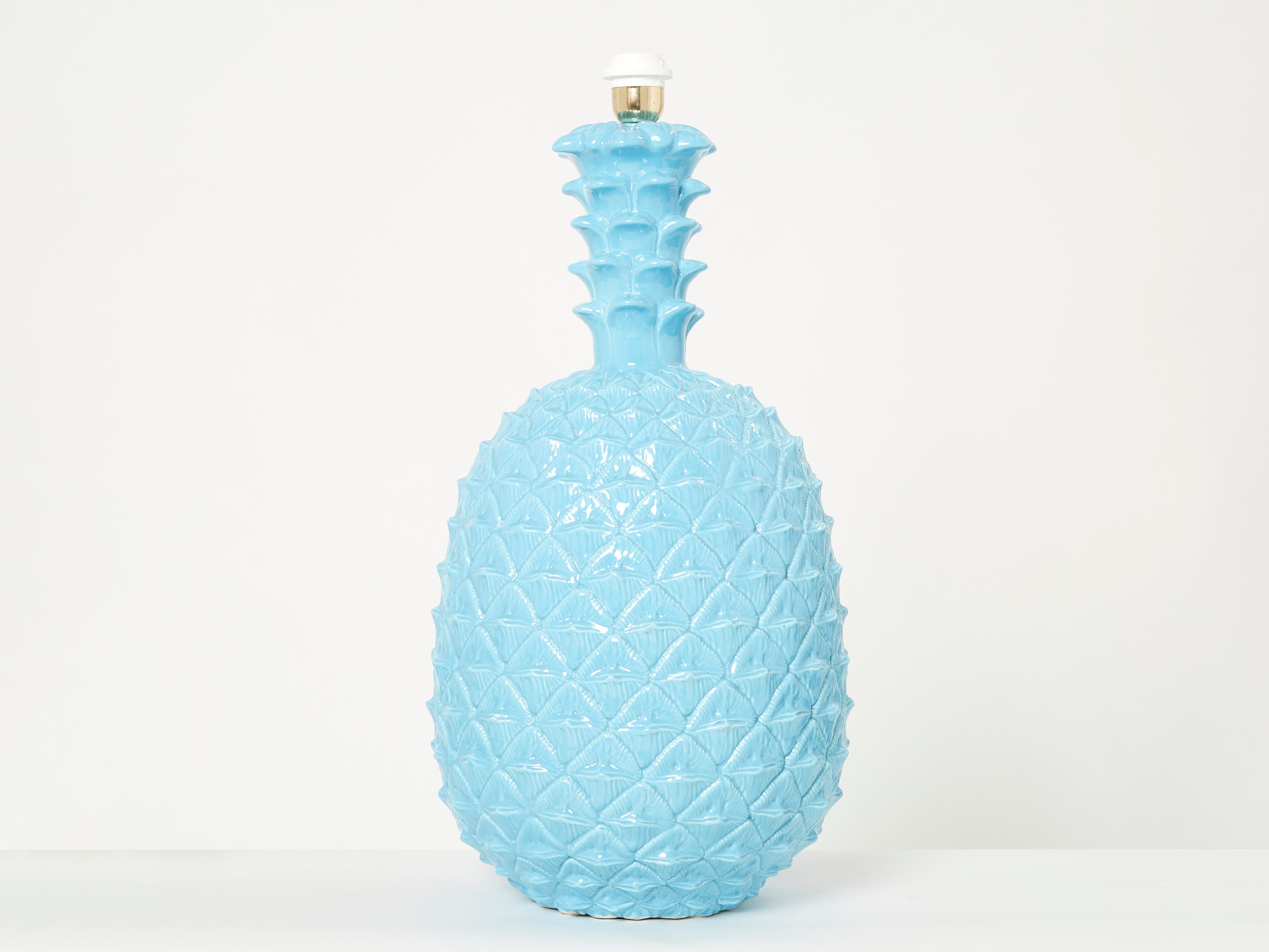 Beautiful XL Italian pineapple blue ceramic lamp by Tommaso Barbi made in the late 1970s. This table lamp boasts the exquisite craftsmanship characteristic of mid-century Italian ceramics by Barbi. Found in great vintage condition, this lamp comes