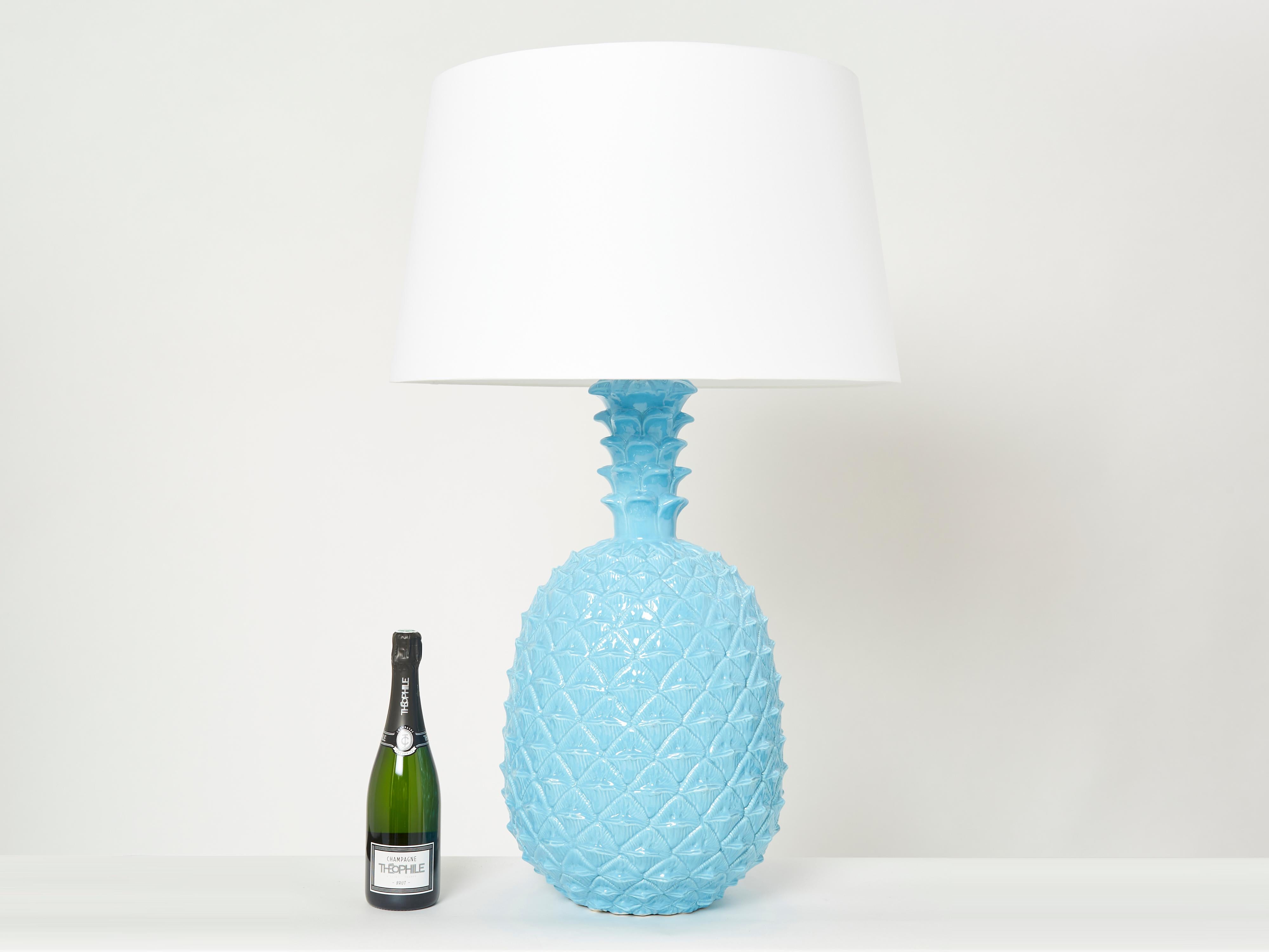 Italian Tommaso Barbi XL Blue Pineapple Ceramic Table Lamp, 1970s For Sale