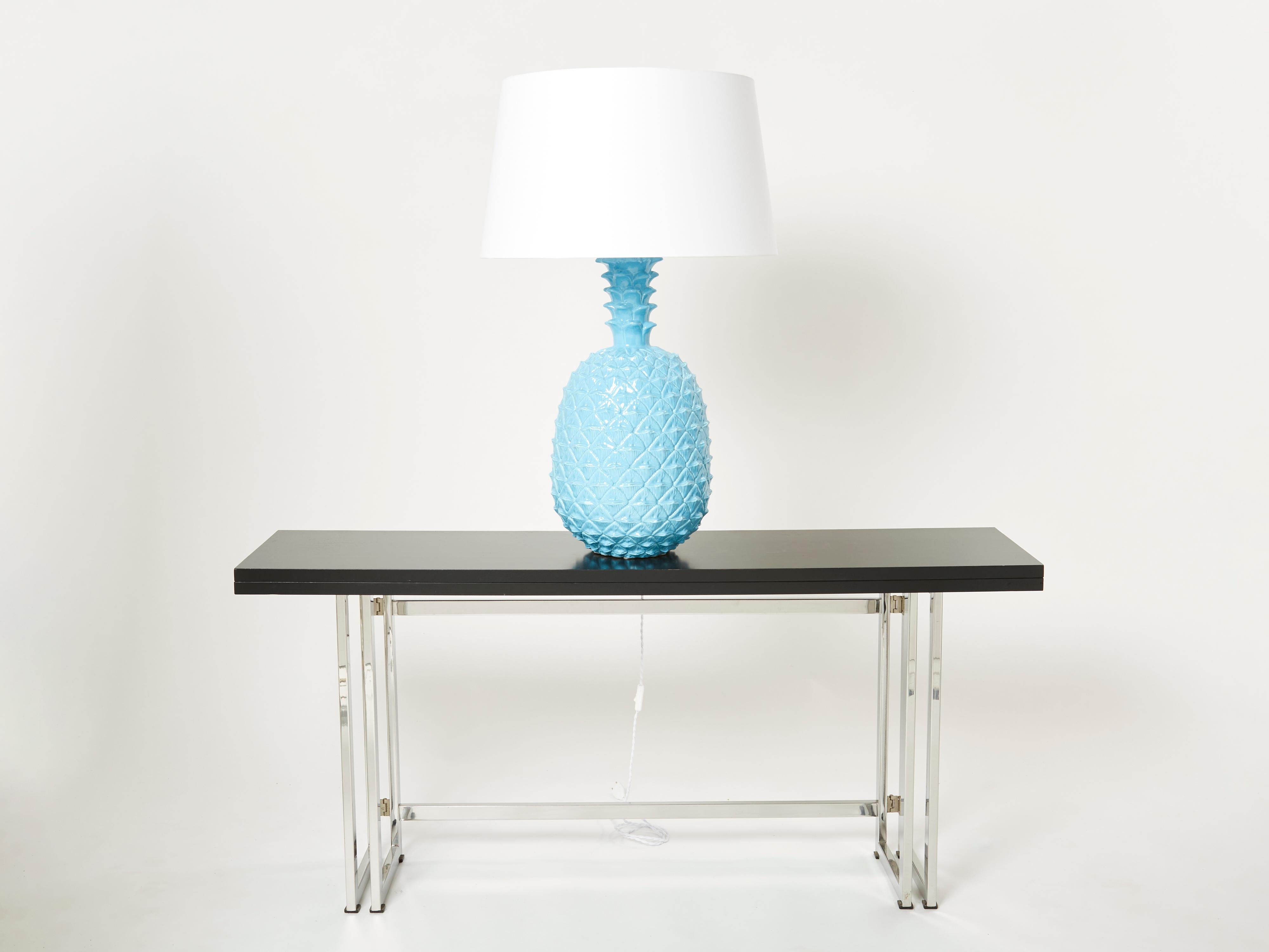 Tommaso Barbi XL Blue Pineapple Ceramic Table Lamp, 1970s In Good Condition For Sale In Paris, IDF