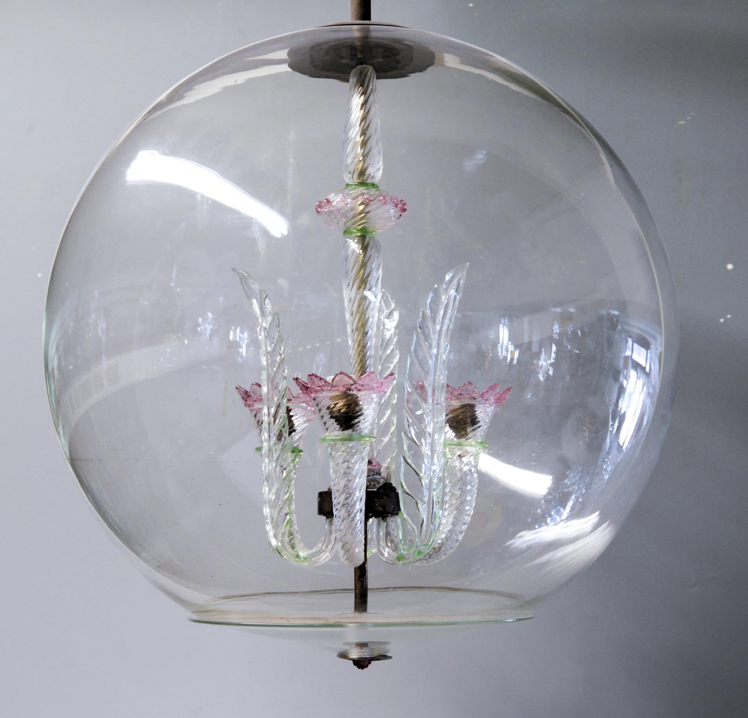 Tommaso Buzzi for Venini Monumenal Three Arms Chandelier in a Glass Sphere, 30s 4