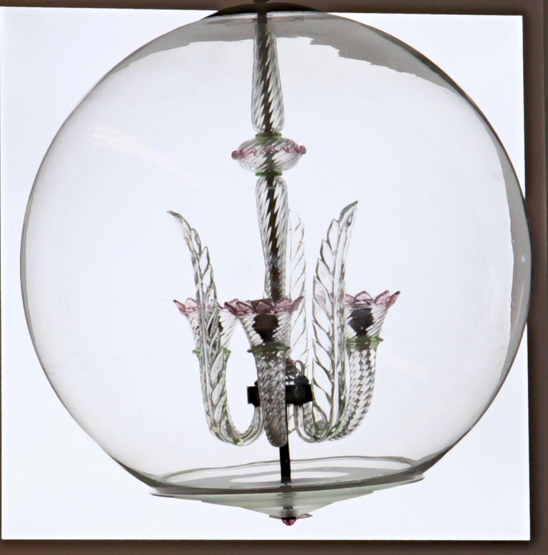 Tommaso Buzzi for Venini Monumenal Three Arms Chandelier in a Glass Sphere, 30s 10
