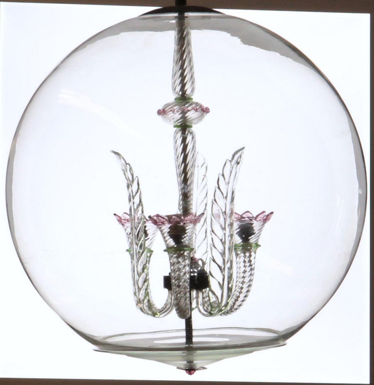 Mid-Century Modern Tommaso Buzzi for Venini Monumenal Three Arms Chandelier in a Glass Sphere, 30s