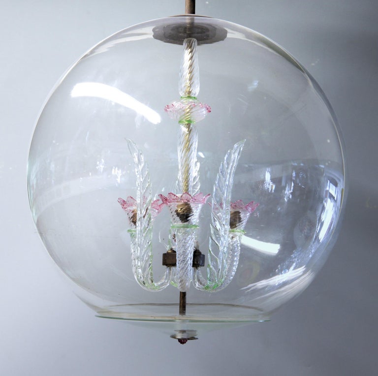 Murano Glass Tommaso Buzzi for Venini Monumenal Three Arms Chandelier in a Glass Sphere, 30s