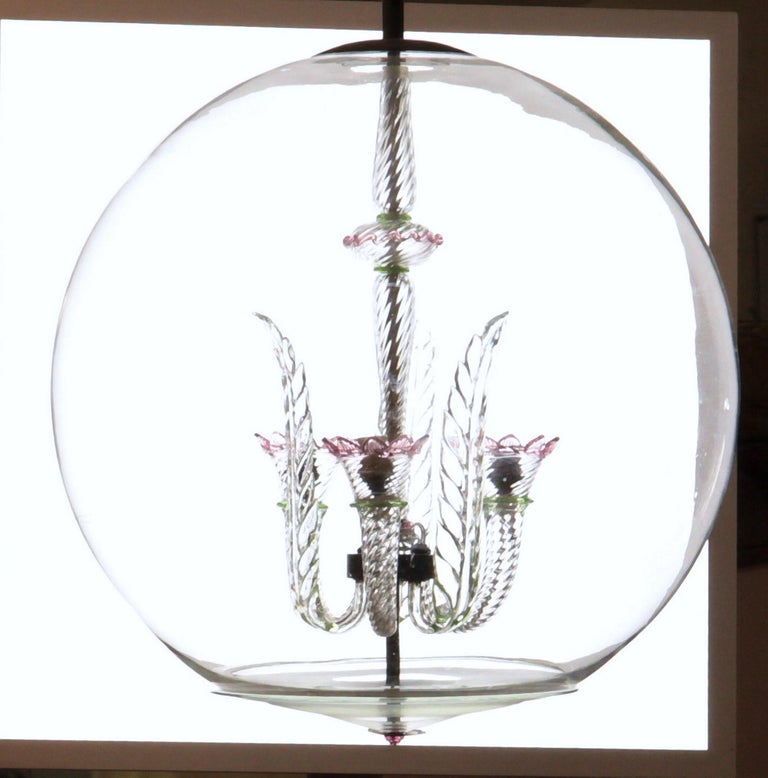 Tommaso Buzzi for Venini Monumenal Three Arms Chandelier in a Glass Sphere, 30s 1