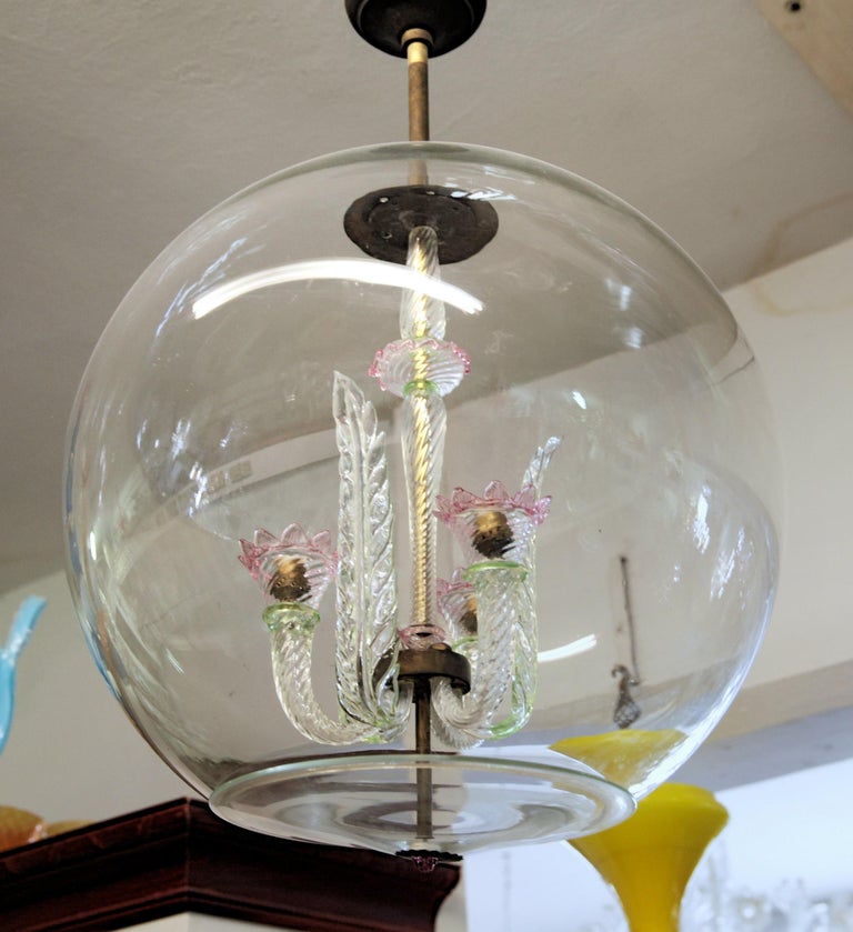 Tommaso Buzzi for Venini Monumenal Three Arms Chandelier in a Glass Sphere, 30s 2