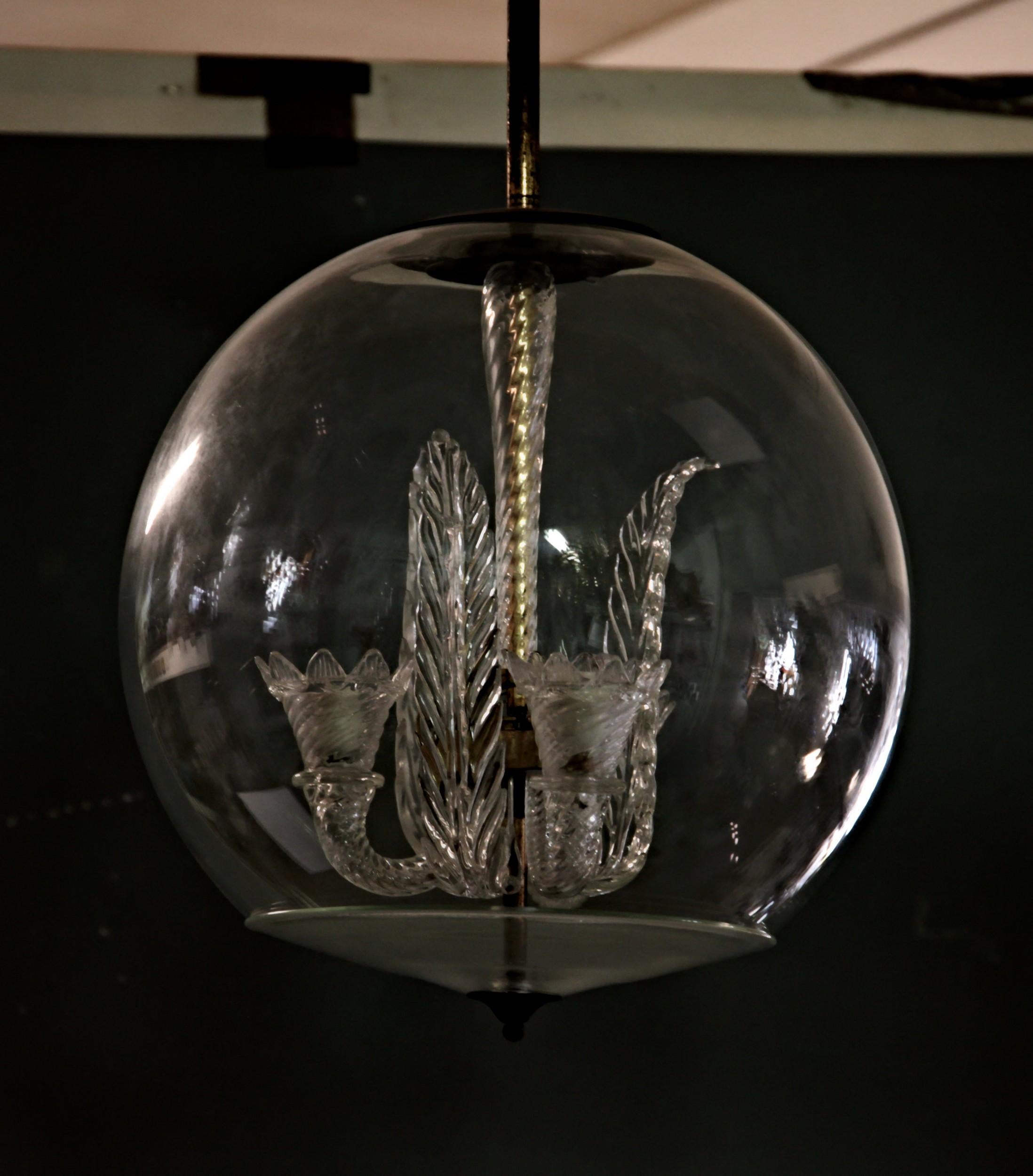 Tommaso Buzzi for Venini, Three Arms Chandelier Inside a Glass Sphere, 1930s 4