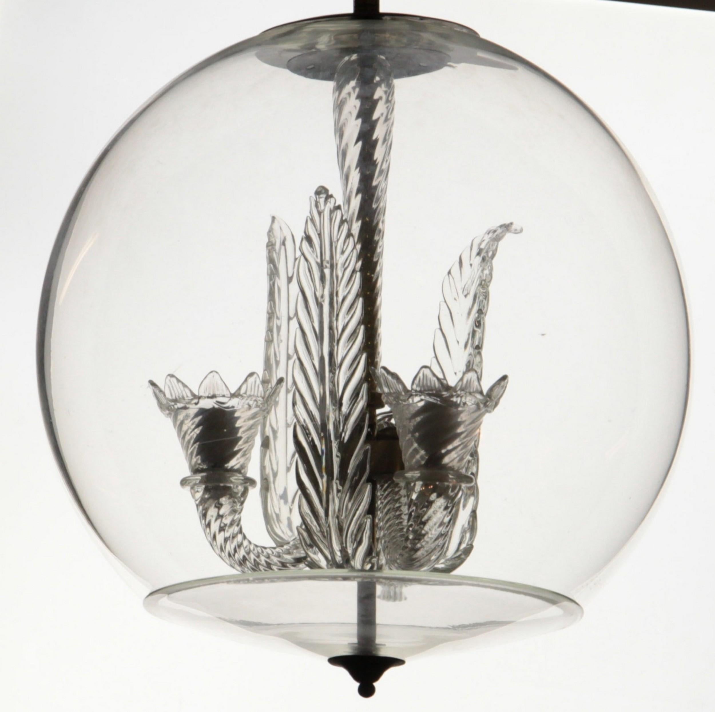 European Tommaso Buzzi for Venini, Three Arms Chandelier Inside a Glass Sphere, 1930s