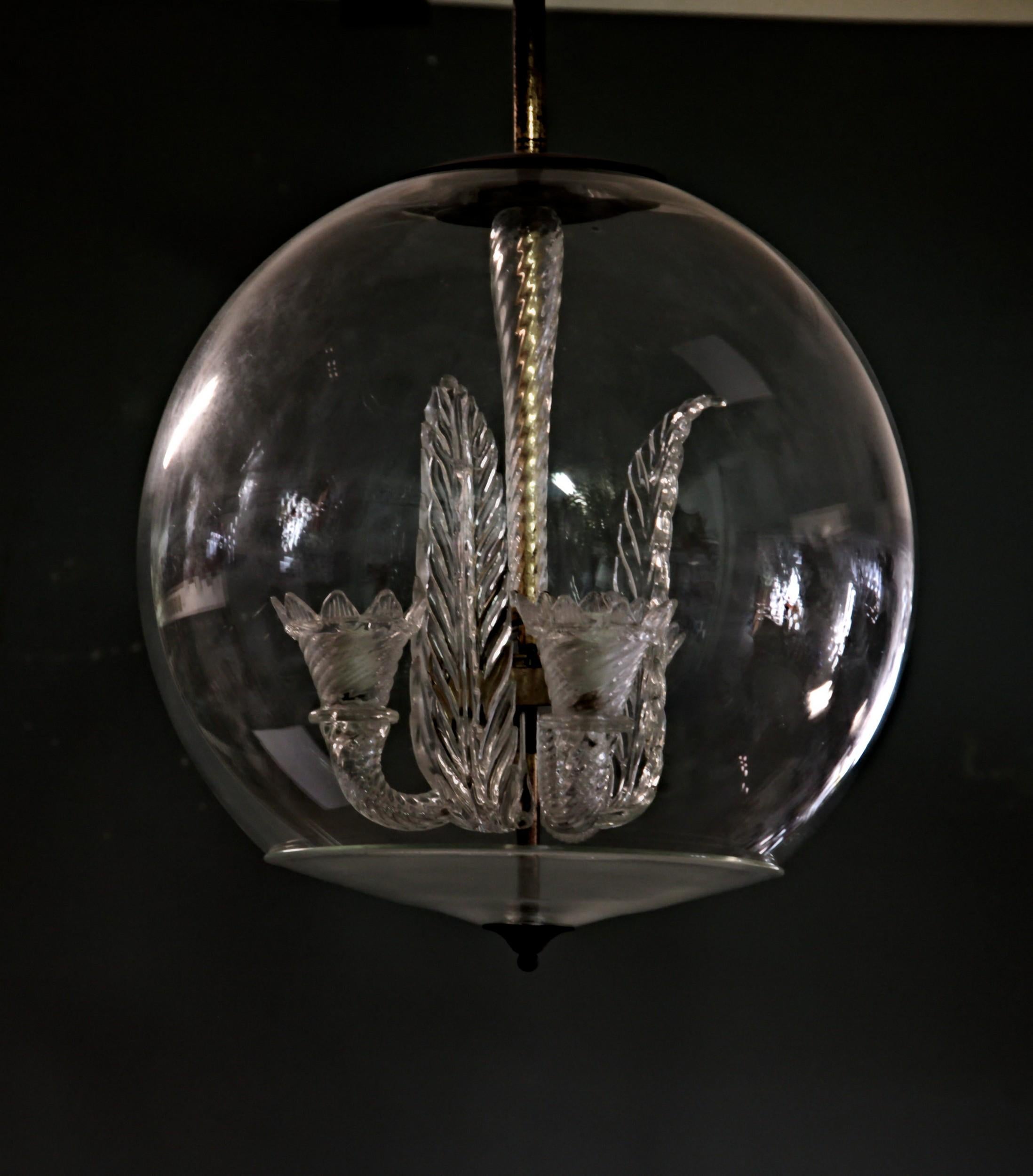 Tommaso Buzzi for Venini, Three Arms Chandelier Inside a Glass Sphere, 1930s In Fair Condition In Tavarnelle val di Pesa, Florence