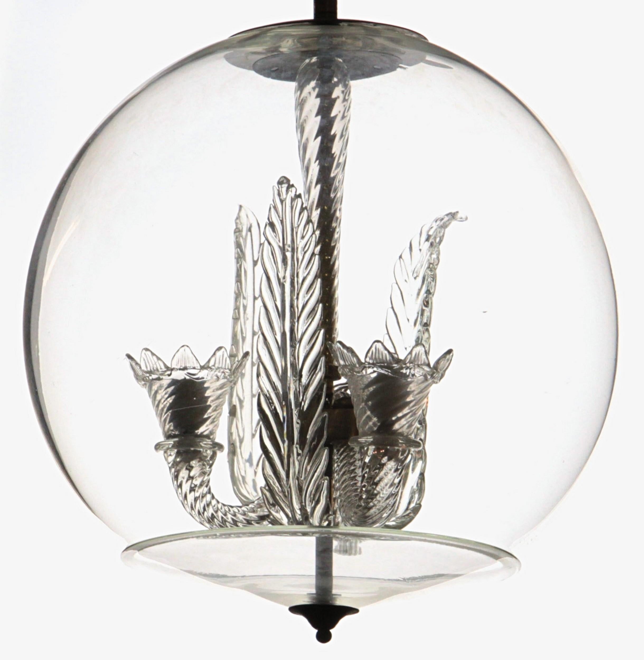 Mid-20th Century Tommaso Buzzi for Venini, Three Arms Chandelier Inside a Glass Sphere, 1930s