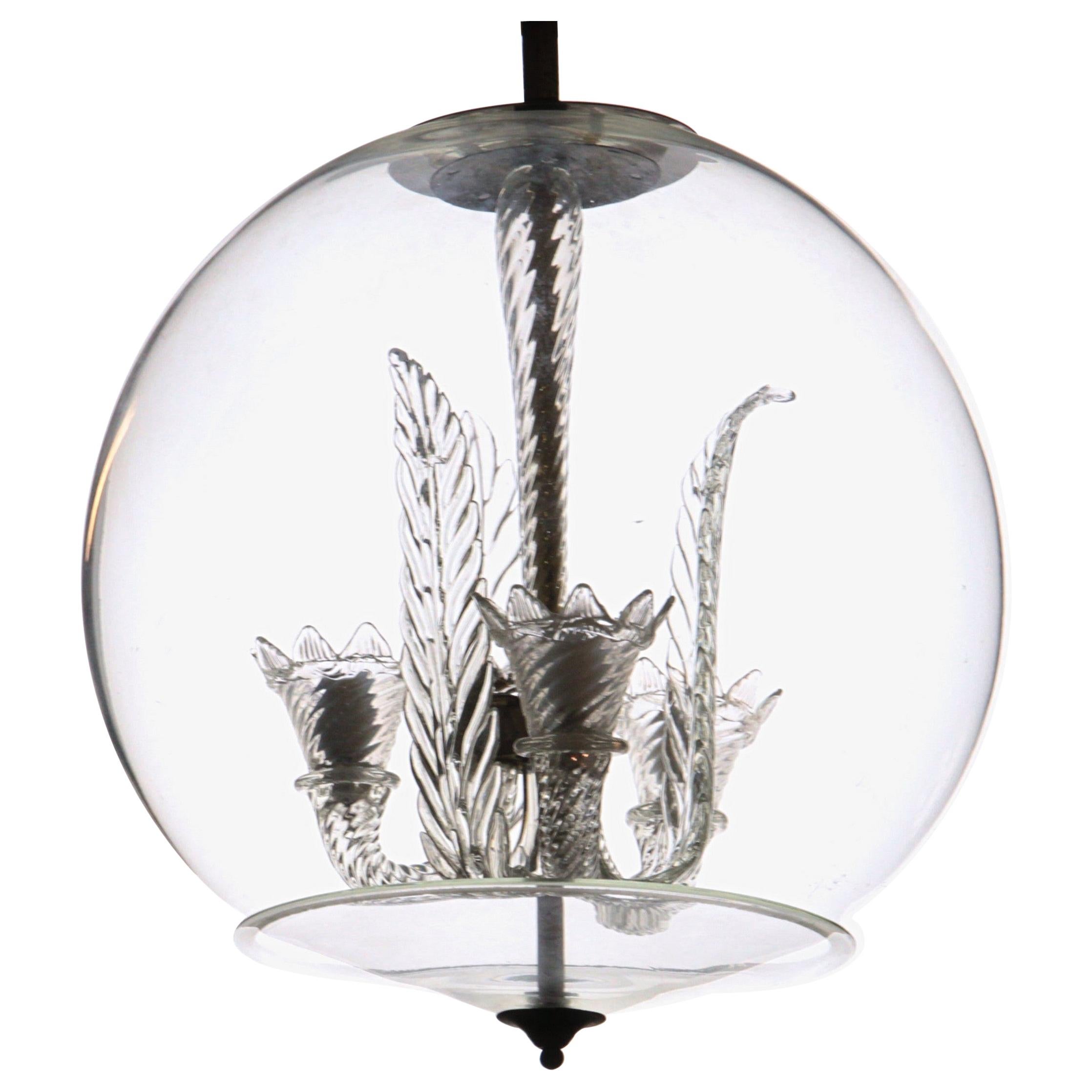 Tommaso Buzzi for Venini, Three Arms Chandelier Inside a Glass Sphere, 1930s
