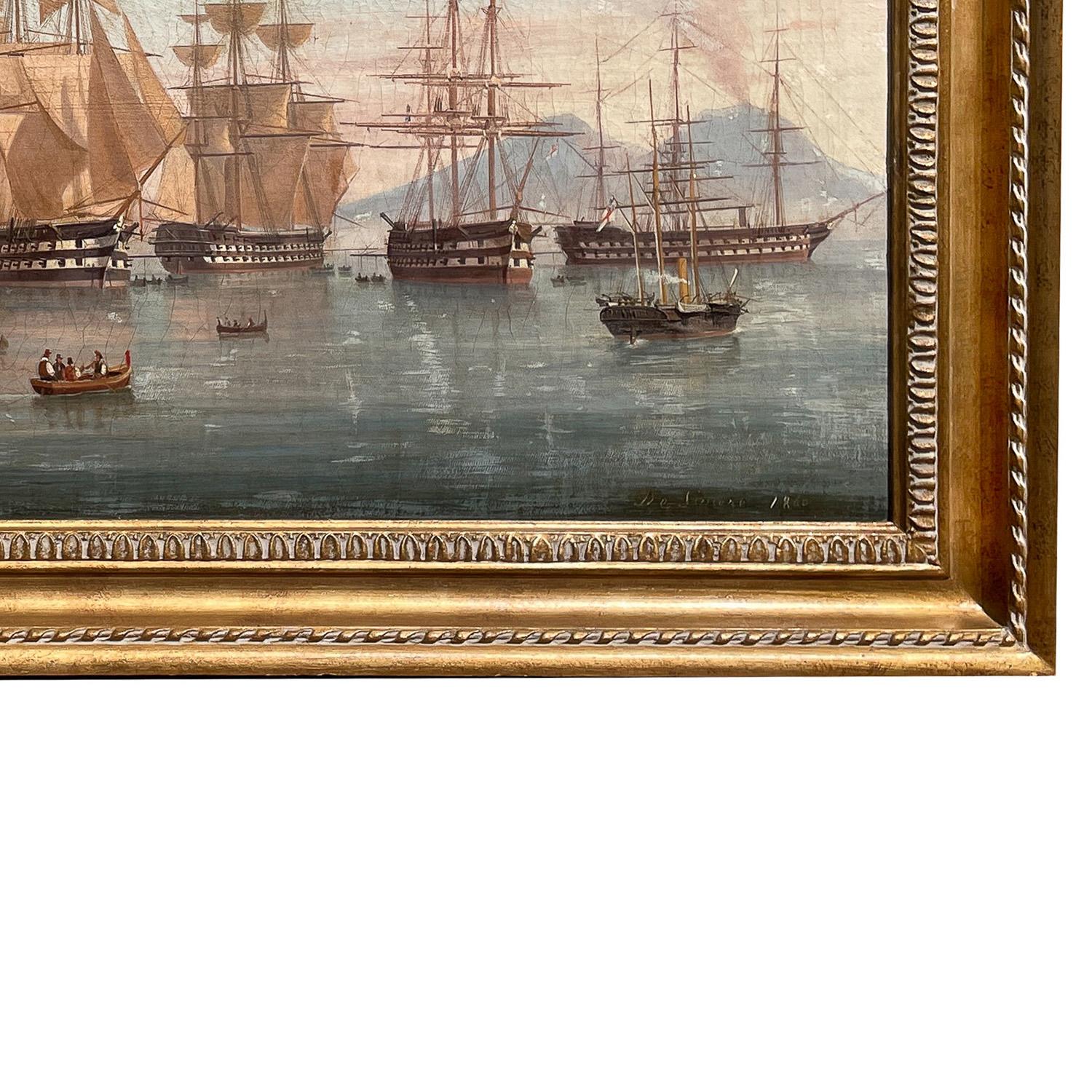 Antikes Ölgemälde von maritimen Schiffen, Ölgemälde „British Fleet Bay of Naples“, signiert und datiert im Angebot 7