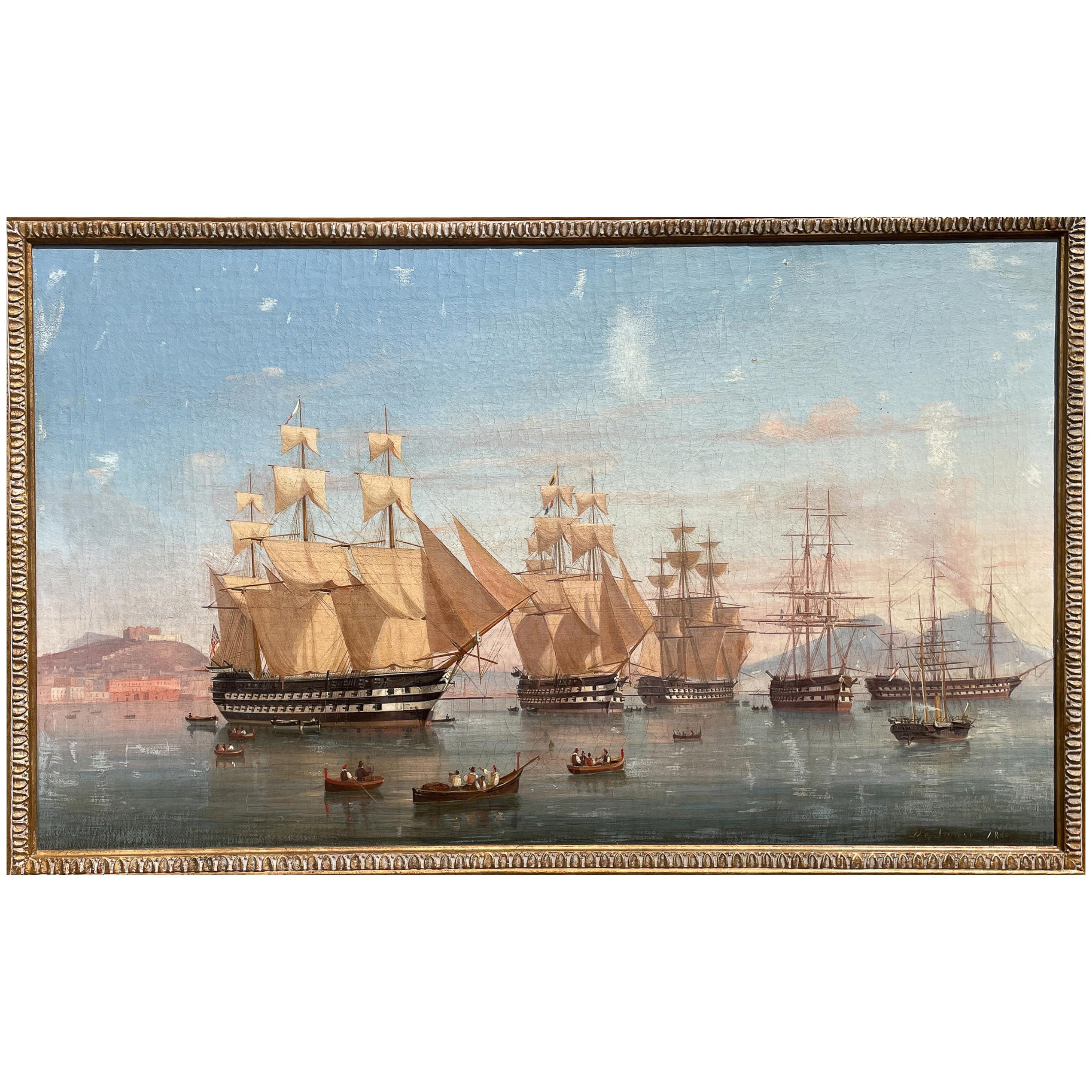 Antikes Ölgemälde von maritimen Schiffen, Ölgemälde „British Fleet Bay of Naples“, signiert und datiert – Painting von Tommaso de Simone