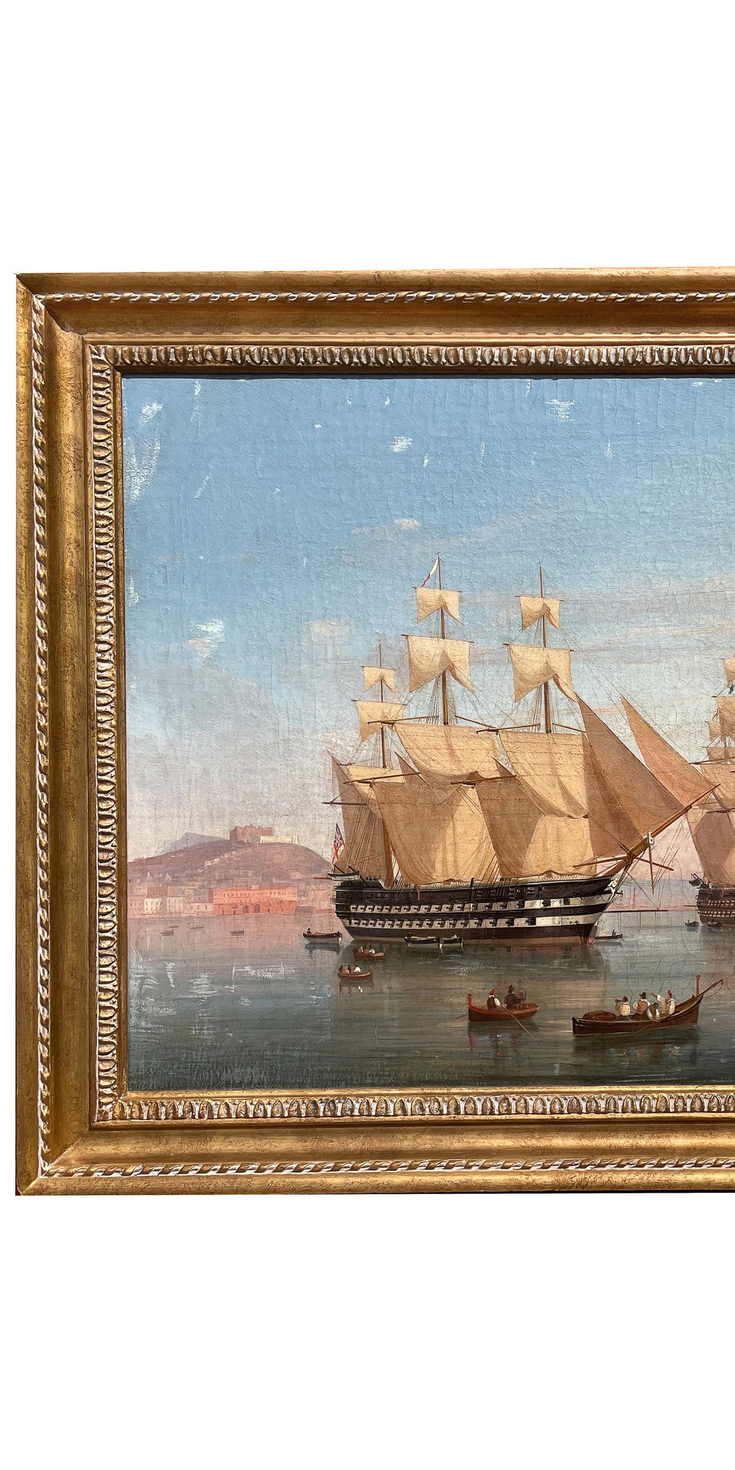 Antikes Ölgemälde von maritimen Schiffen, Ölgemälde „British Fleet Bay of Naples“, signiert und datiert (Italienische Schule), Painting, von Tommaso de Simone