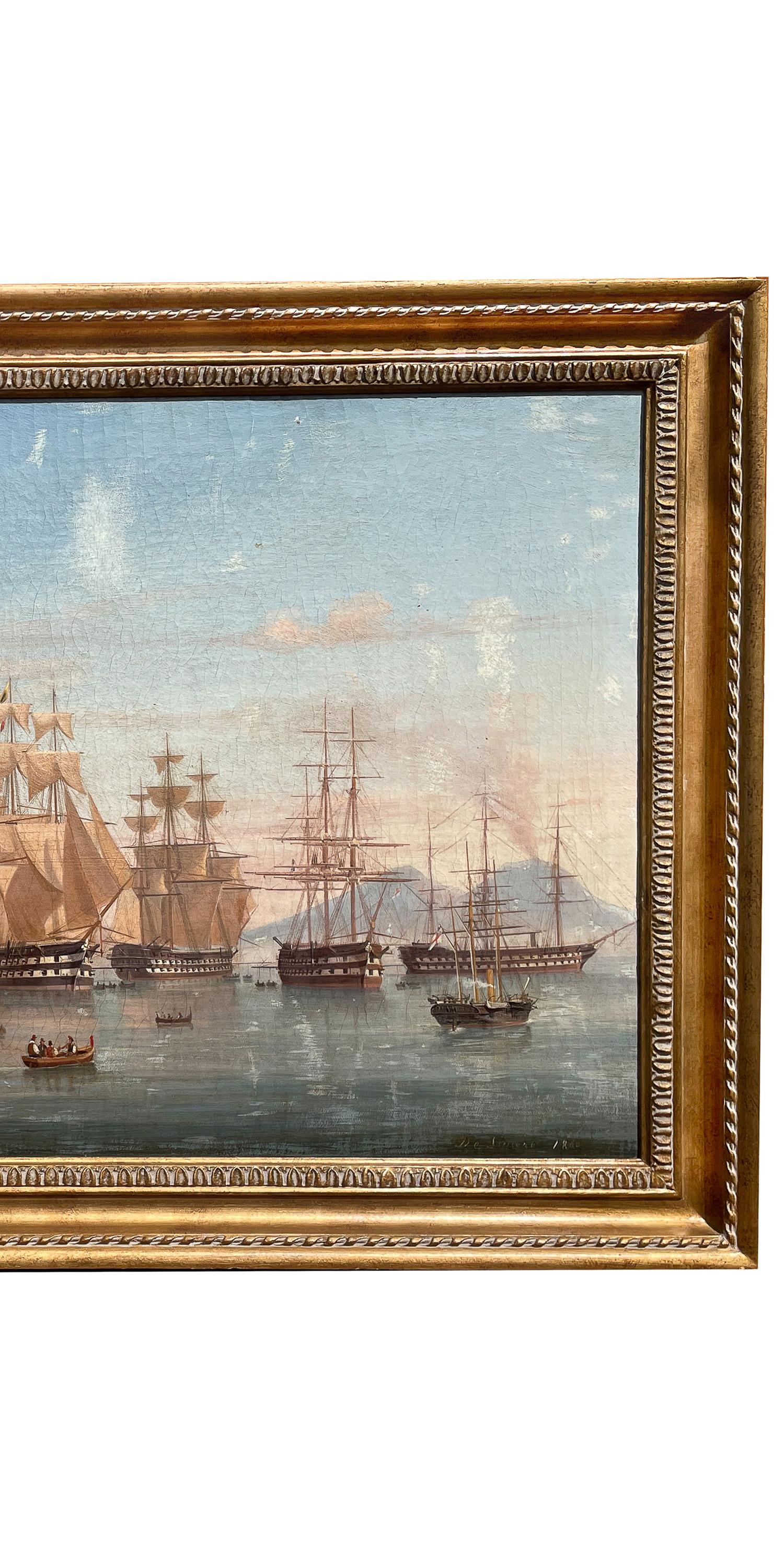Antikes Ölgemälde von maritimen Schiffen, Ölgemälde „British Fleet Bay of Naples“, signiert und datiert (Braun), Landscape Painting, von Tommaso de Simone
