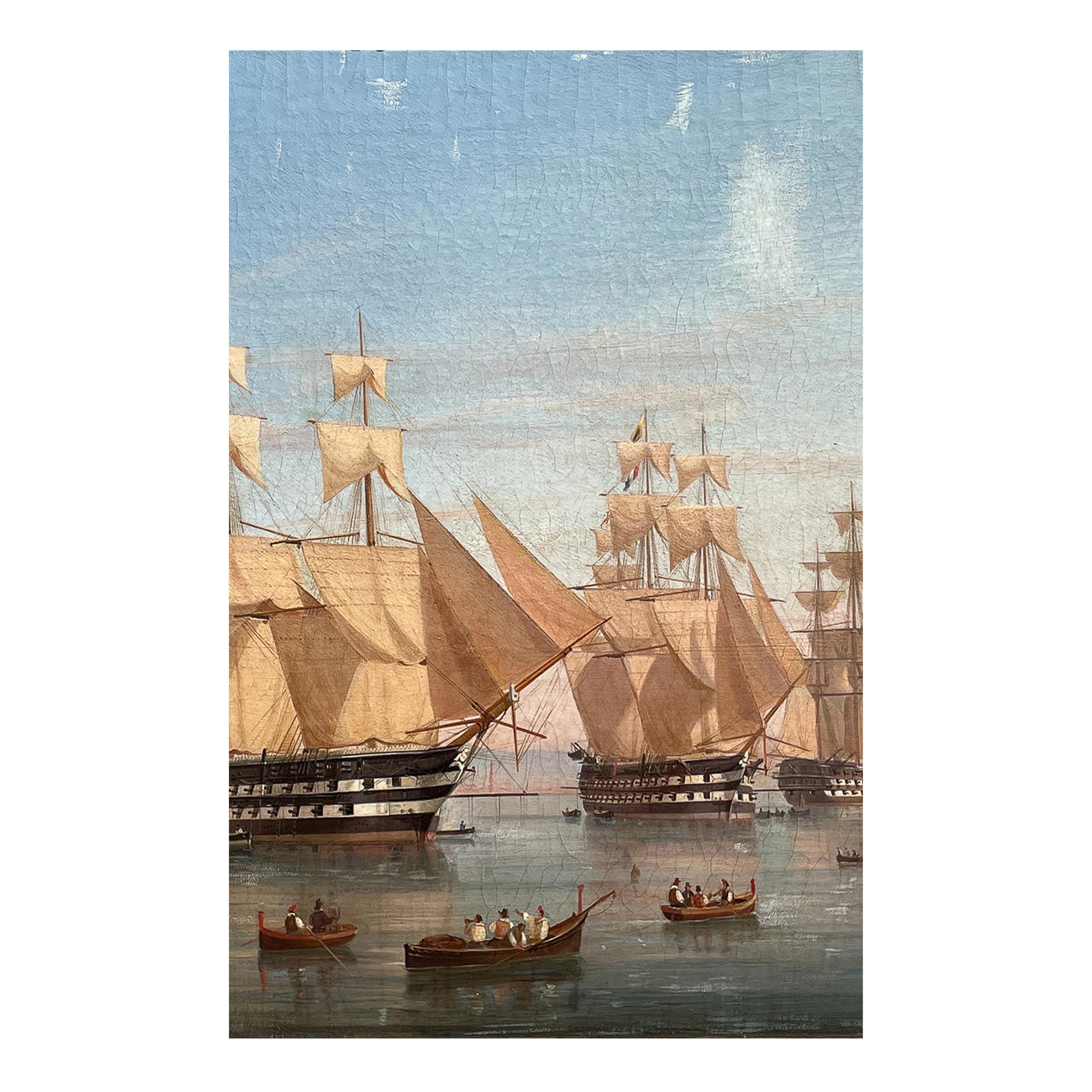 Antikes Ölgemälde von maritimen Schiffen, Ölgemälde „British Fleet Bay of Naples“, signiert und datiert im Angebot 1