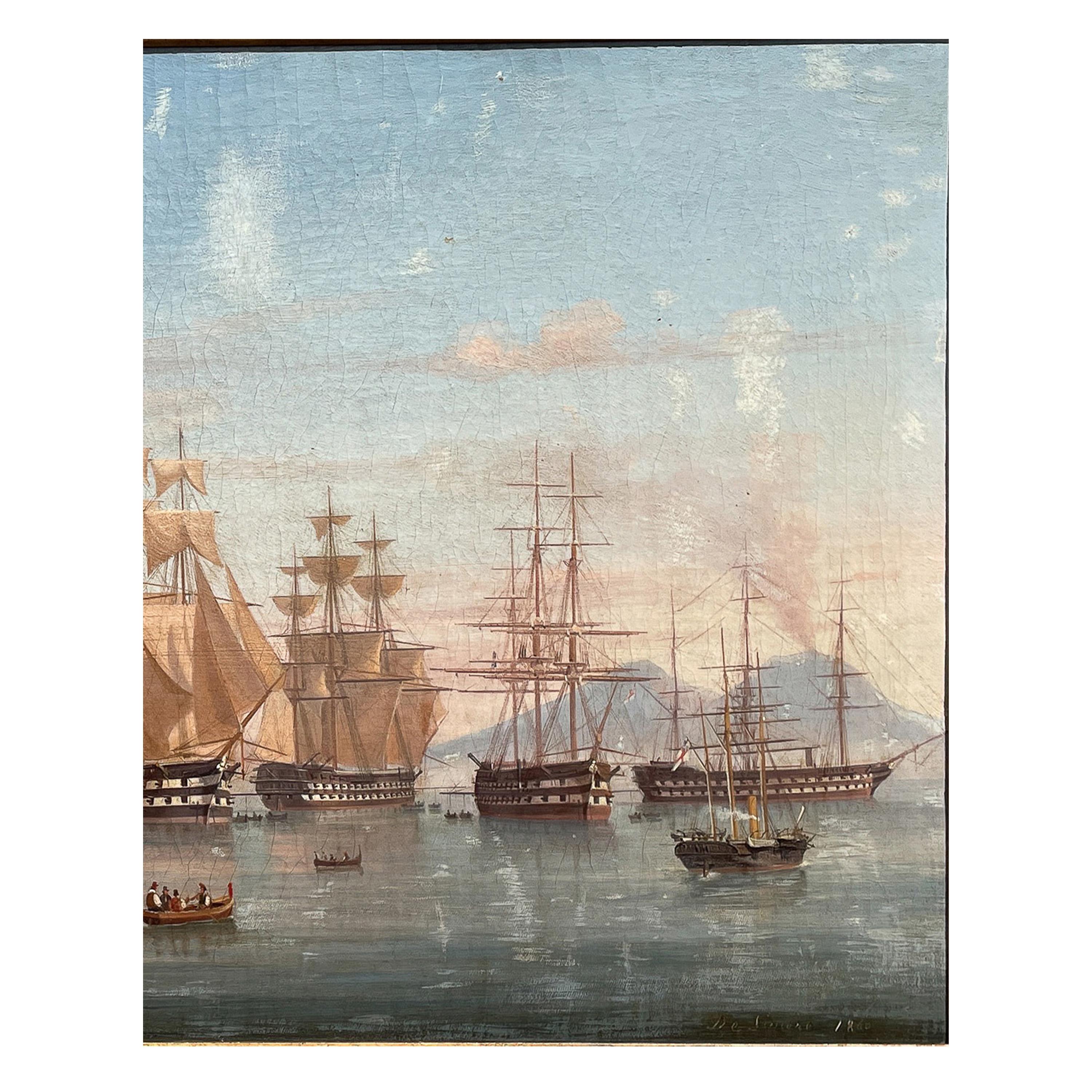 Antikes Ölgemälde von maritimen Schiffen, Ölgemälde „British Fleet Bay of Naples“, signiert und datiert im Angebot 3