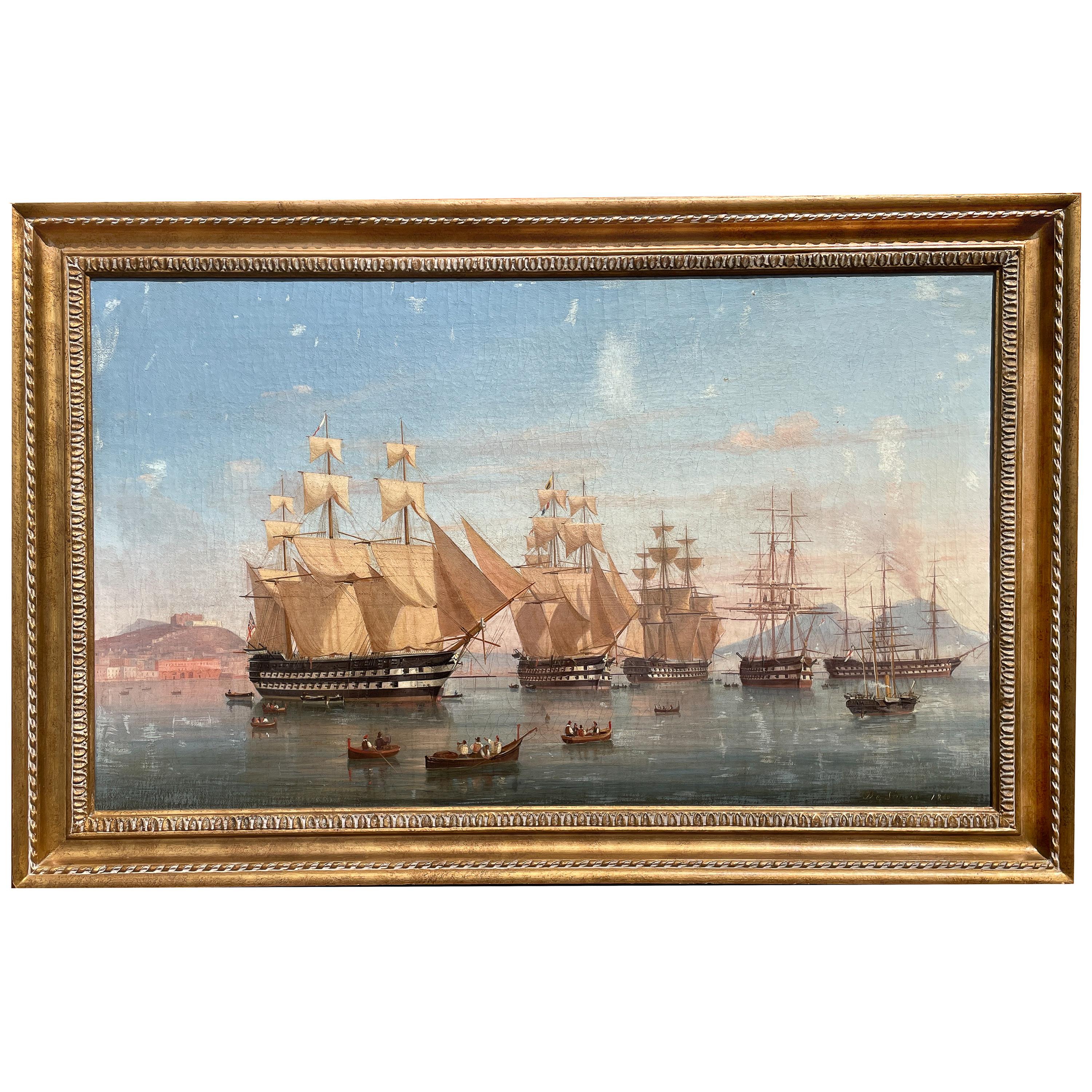 Antique Maritime Ships Oil Painting "British Fleet Bay of Naples" Signed & Dated